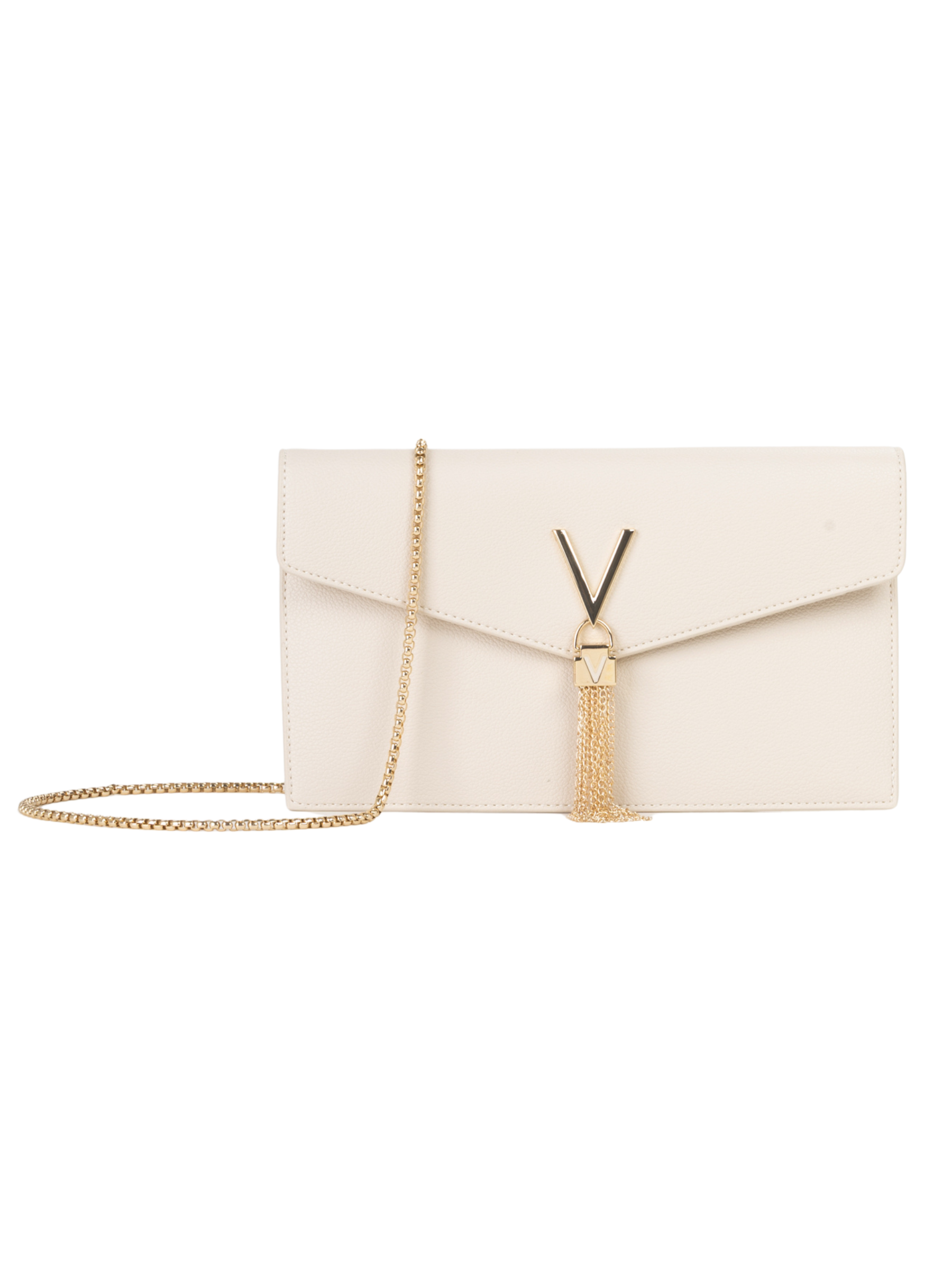 Valentino Luxe pochette bag designer envelope crossbody bag with adjustable strap, V hardware and tassel detail.