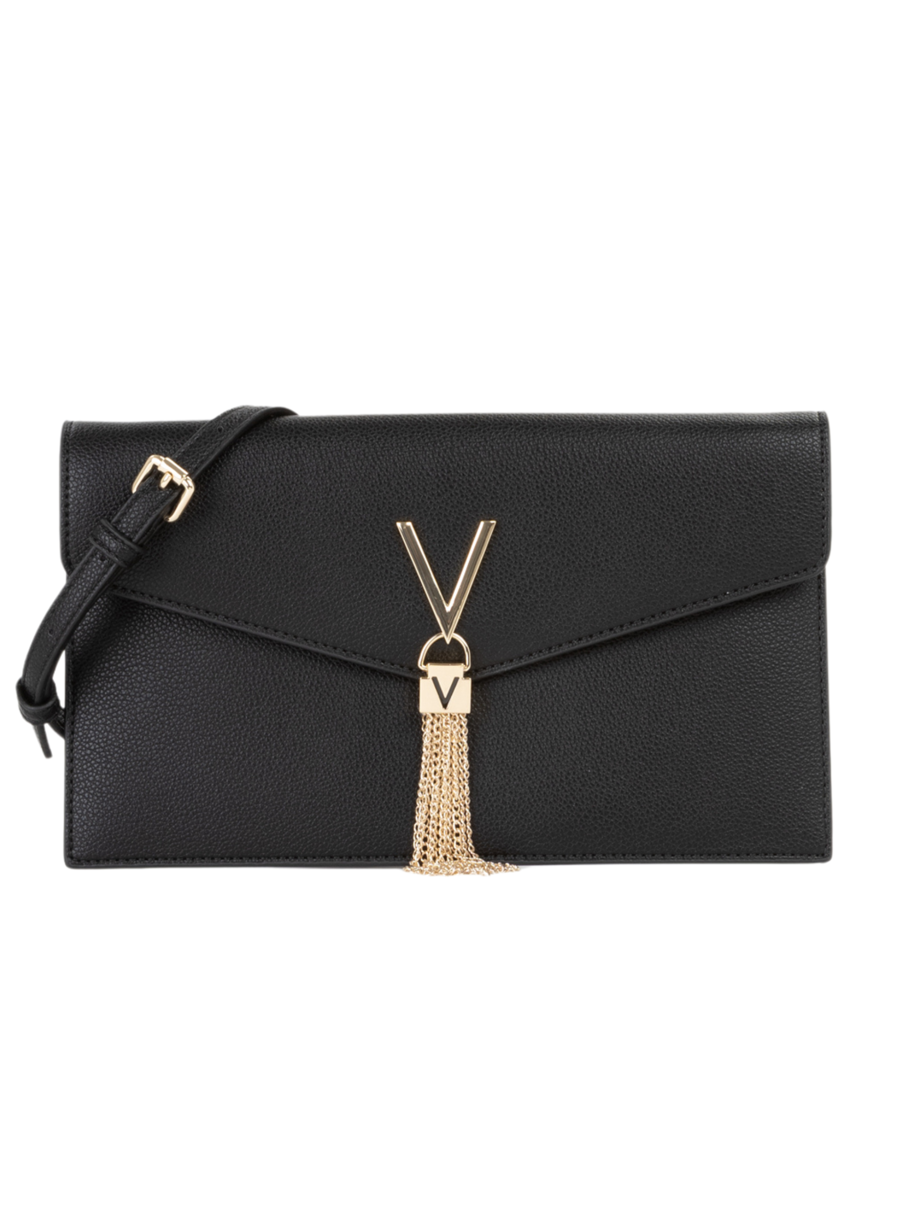 Valentino Luxe pochette bag designer envelope crossbody bag with adjustable strap, V hardware and tassel detail.