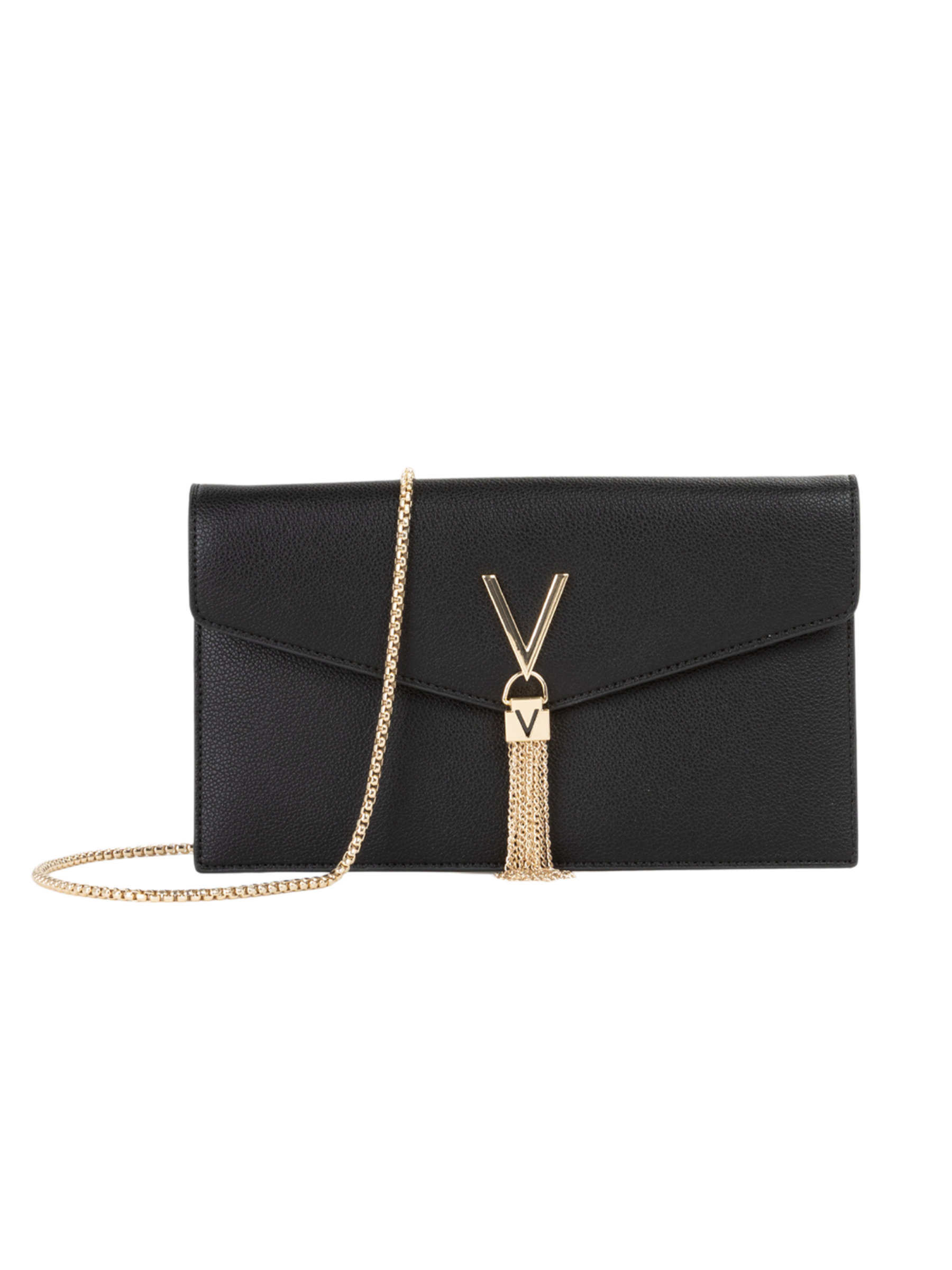 Valentino Luxe pochette bag designer envelope crossbody bag with adjustable strap, V hardware and tassel detail.