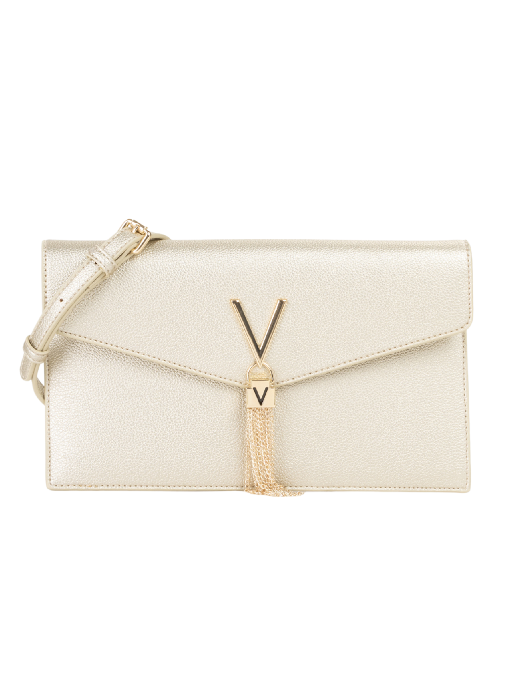 Valentino Luxe pochette bag designer envelope crossbody bag with adjustable strap, V hardware and tassel detail.