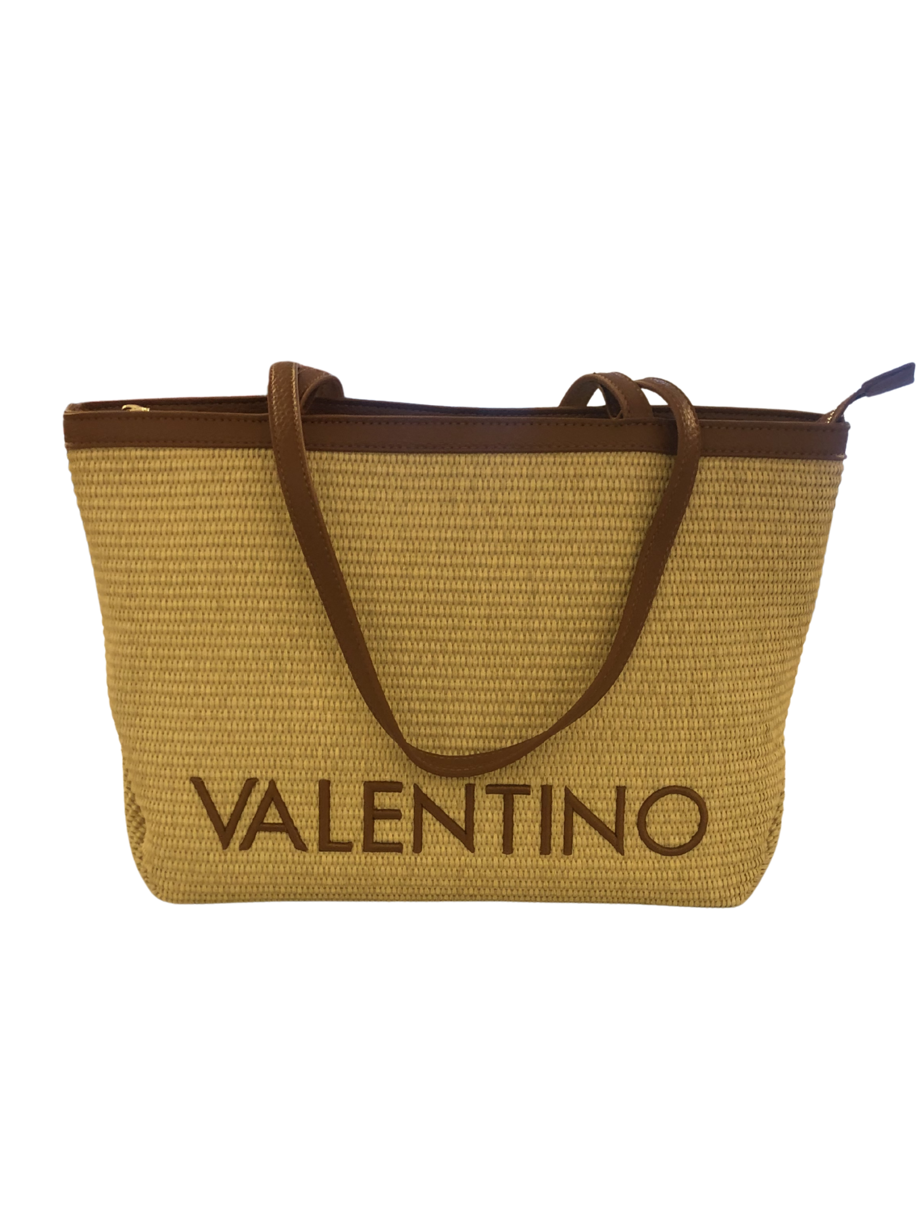 Valentino Maiam shopping bag woven straw tote bag with shoulder handles and Valentino logo detail.