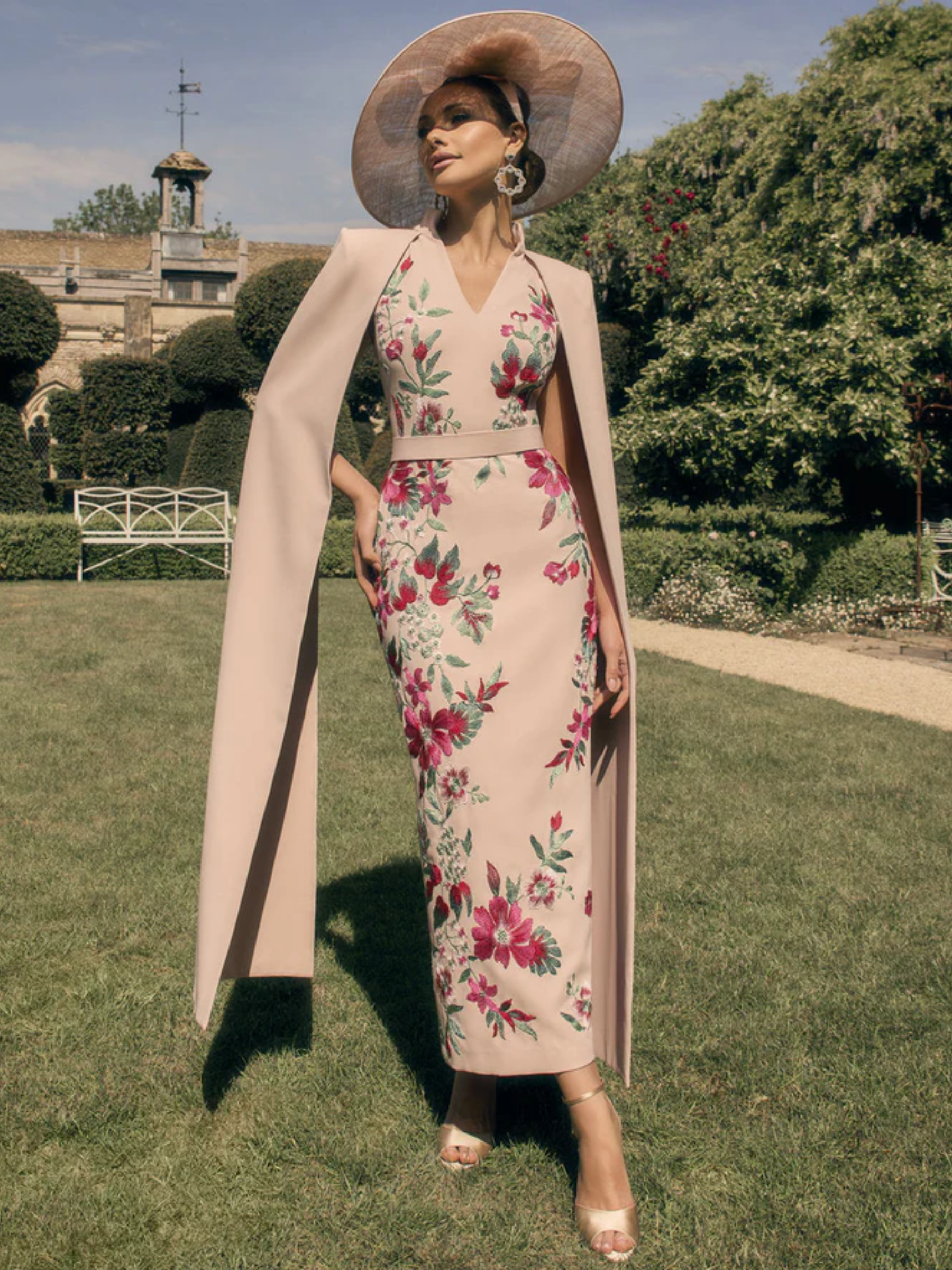 Veni Infantino 992701 Almond Dress featuring floral embroidered appliqués, a fitted midi silhouette and a flattering V-neckline - perfect for weddings and special occasions.