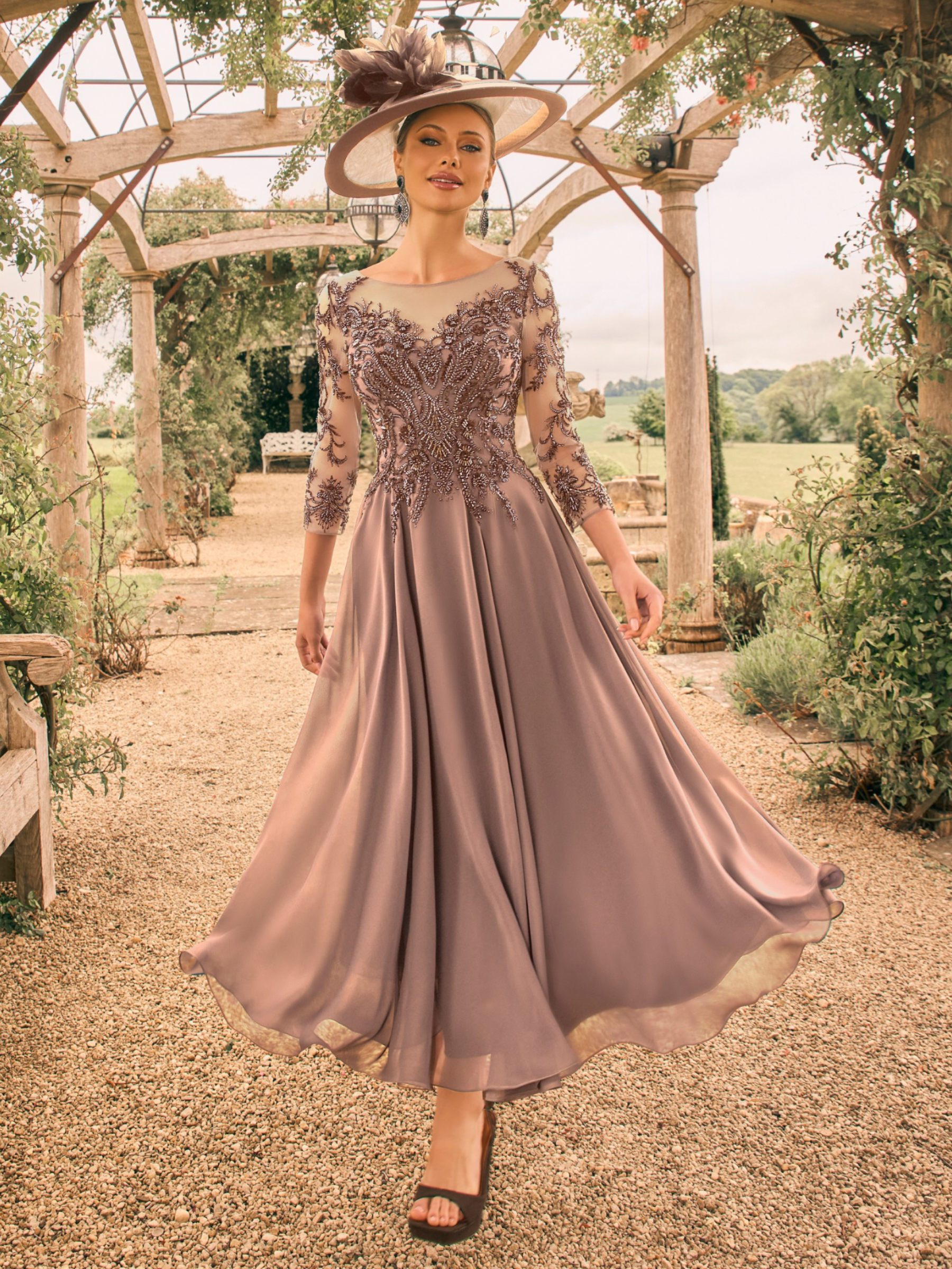 Veni Infantino 992710 Almond Dress with chiffon skirt, beaded tulle bodice and illusion neckline. Elegant occasion dress for Mother of the Bride or Groom.