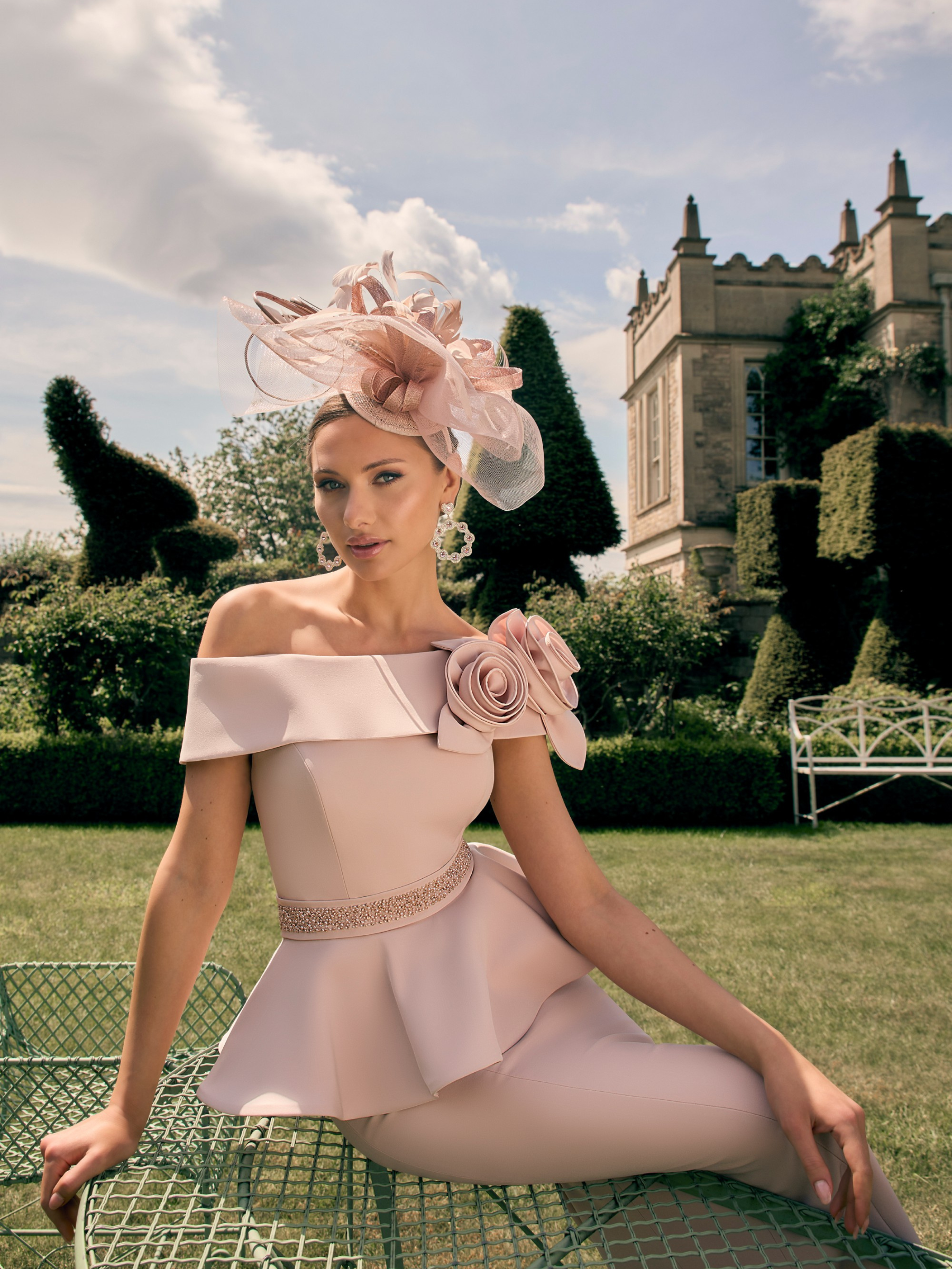 Veni Infantino 992715 Blossom Dress with asymmetric neckline, 3D floral shoulder detailing, peplum waist and beaded belt. Elegant crepe occasion dress for weddings and special events.