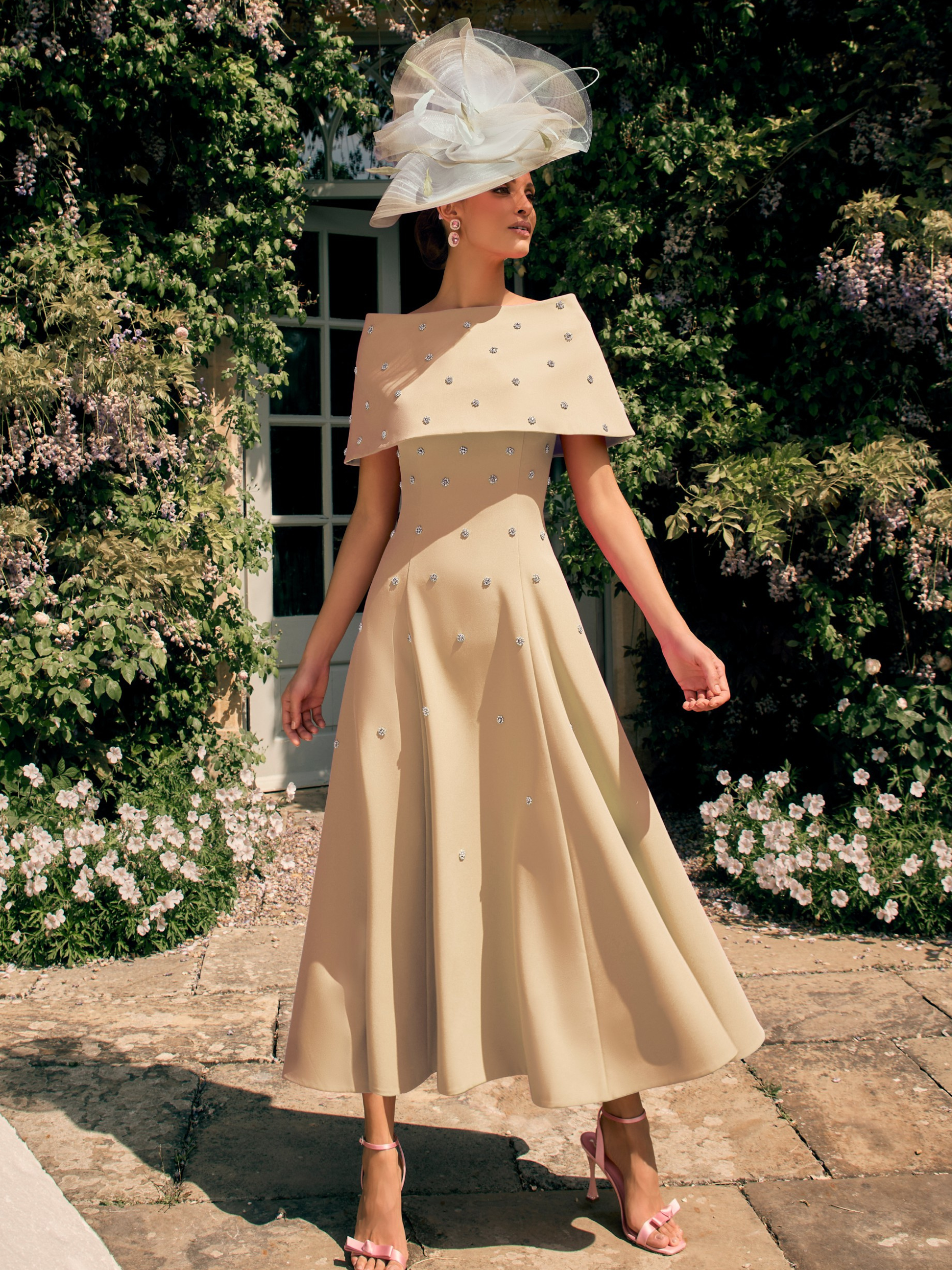 Veni Infantino 992725 Creme Dress & Wrap with boat neckline, beaded trim and A-line midi skirt. Elegant creme occasion dress for weddings and special events.