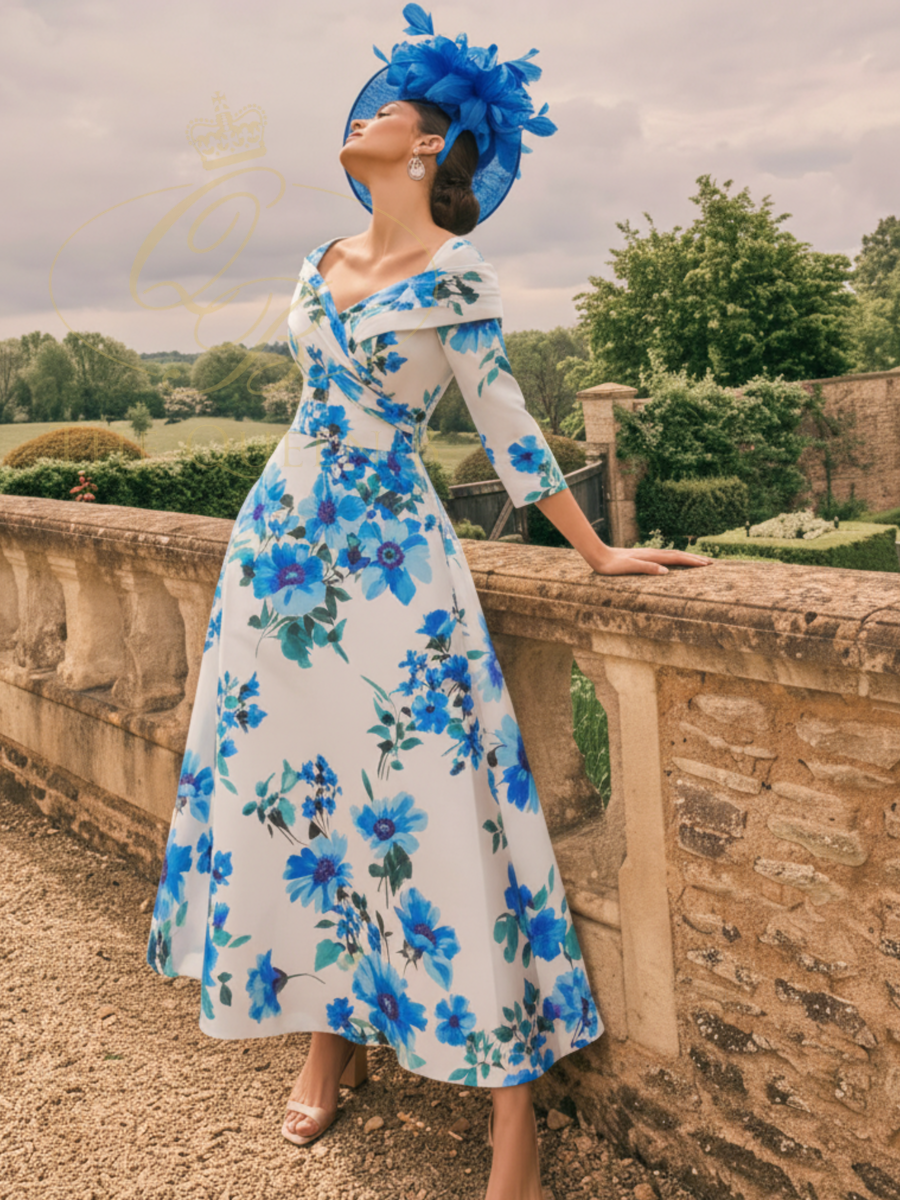 Veni Infantino 992733 Azul Print Dress in blue Mikado fabric with an off-the-shoulder neckline and flared A-line midi skirt. Perfect floral occasion dress for weddings and special events.