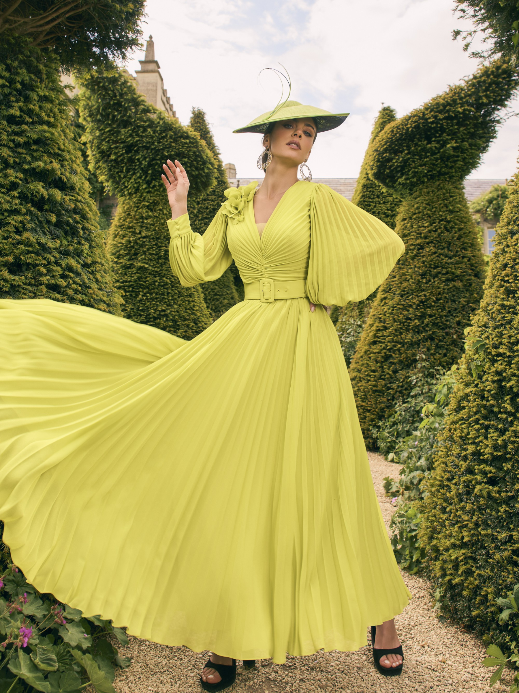 Veni Infantino 992770 Lime Dress in plain chiffon with pleated skirt, balloon sleeves and belted waist. Elegant Mother of the Bride/Groom outfit for weddings and special occasions.