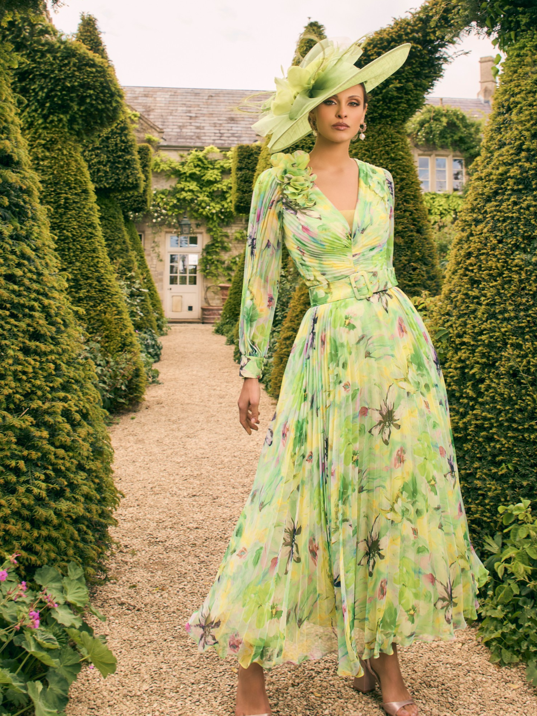 Veni Infantino 992770 Royal Multi Print pleated midi dress with V-neckline, sheer long sleeves, and belted waist. Elegant Mother of the Bride/Groom outfit for weddings and special occasions.