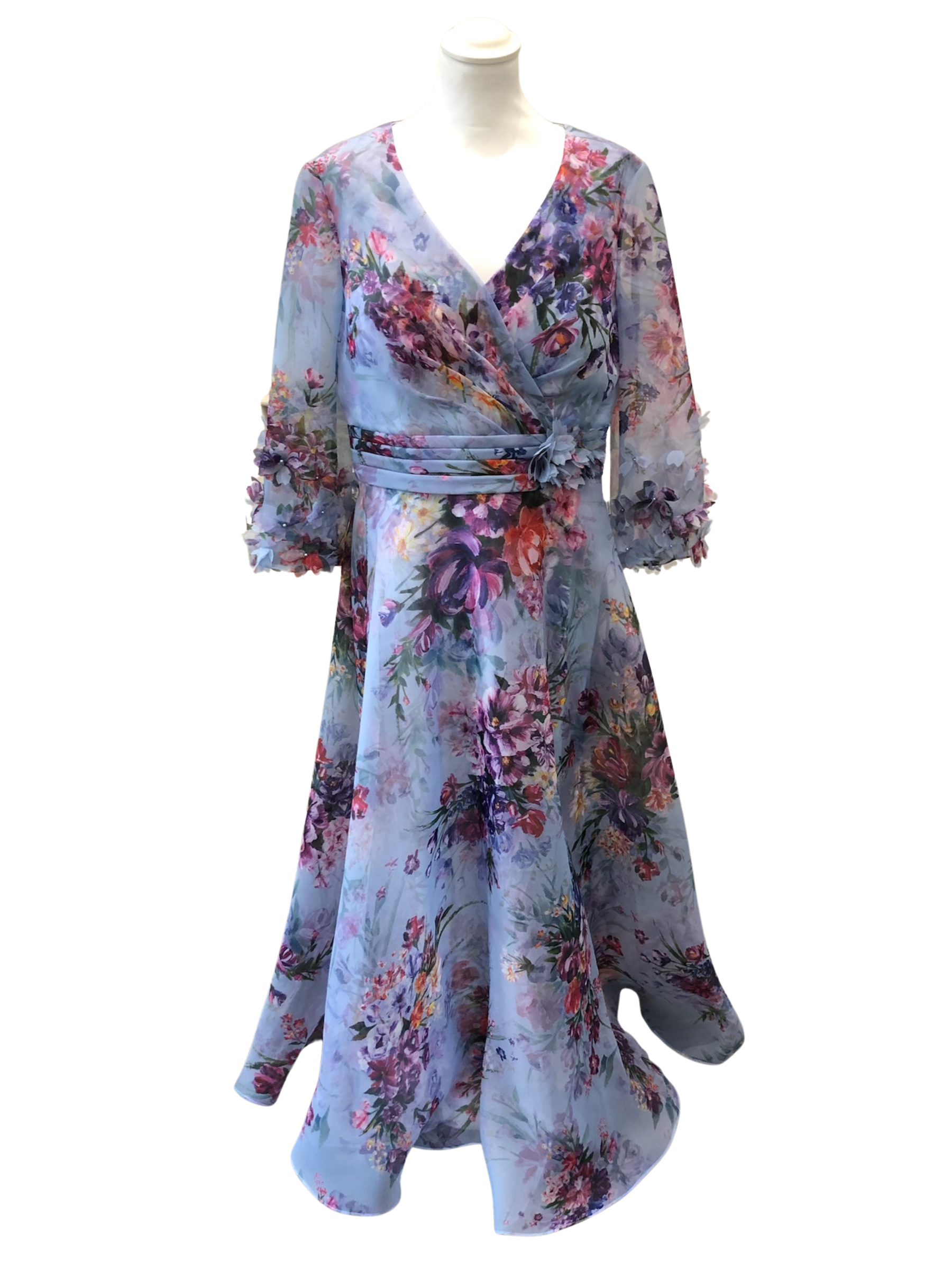 Veni Infantino 992774 Blue Grape Print Dress in organza print with wrap V-neck bodice, sheer three-quarter sleeves and flared A-line skirt – elegant blue floral wedding guest and Mother of the Bride/Groom dress.