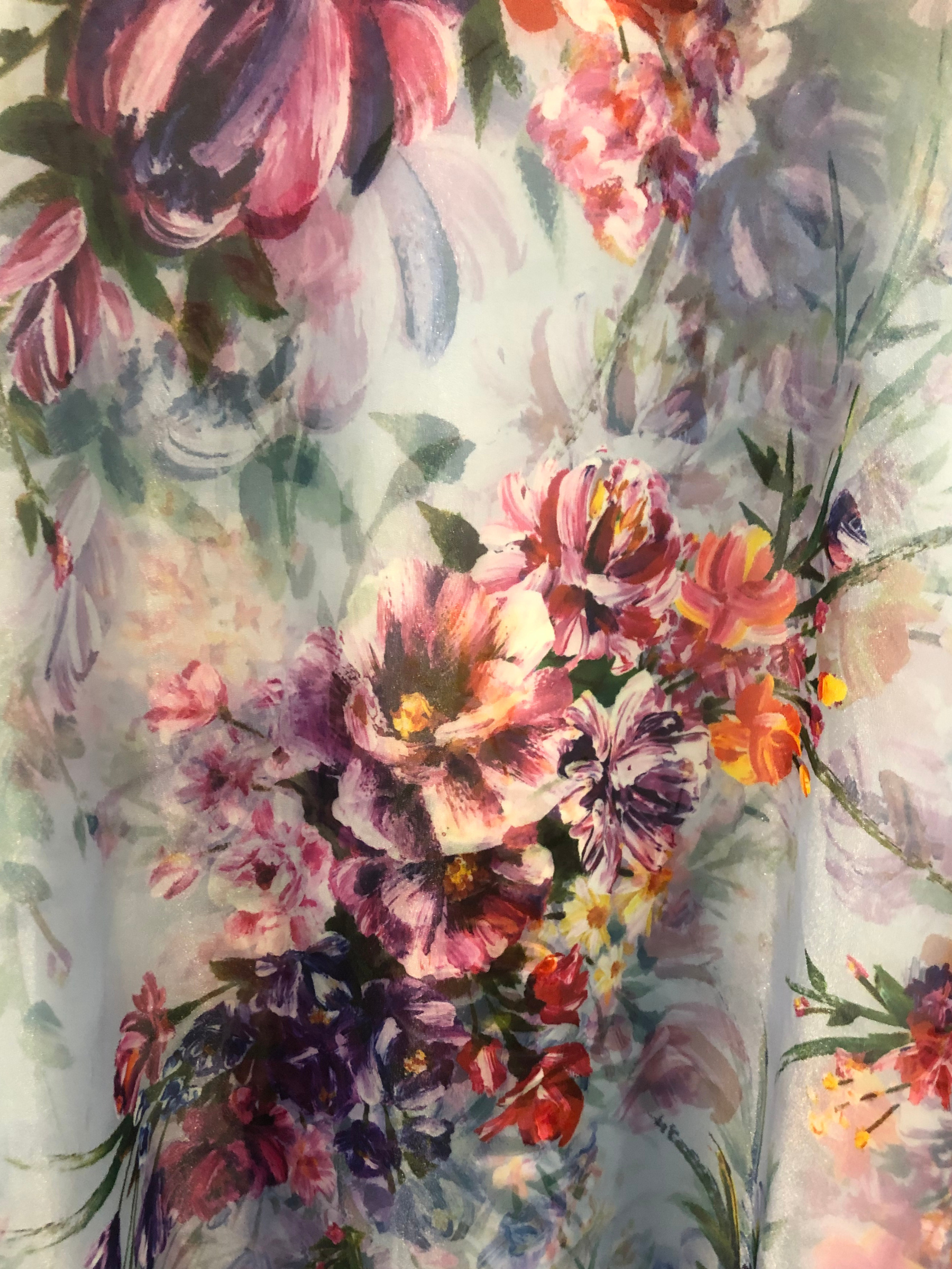 Veni Infantino 992774 Blue Grape Print Dress in organza print with wrap V-neck bodice, sheer three-quarter sleeves and flared A-line skirt – elegant blue floral wedding guest and Mother of the Bride/Groom dress.