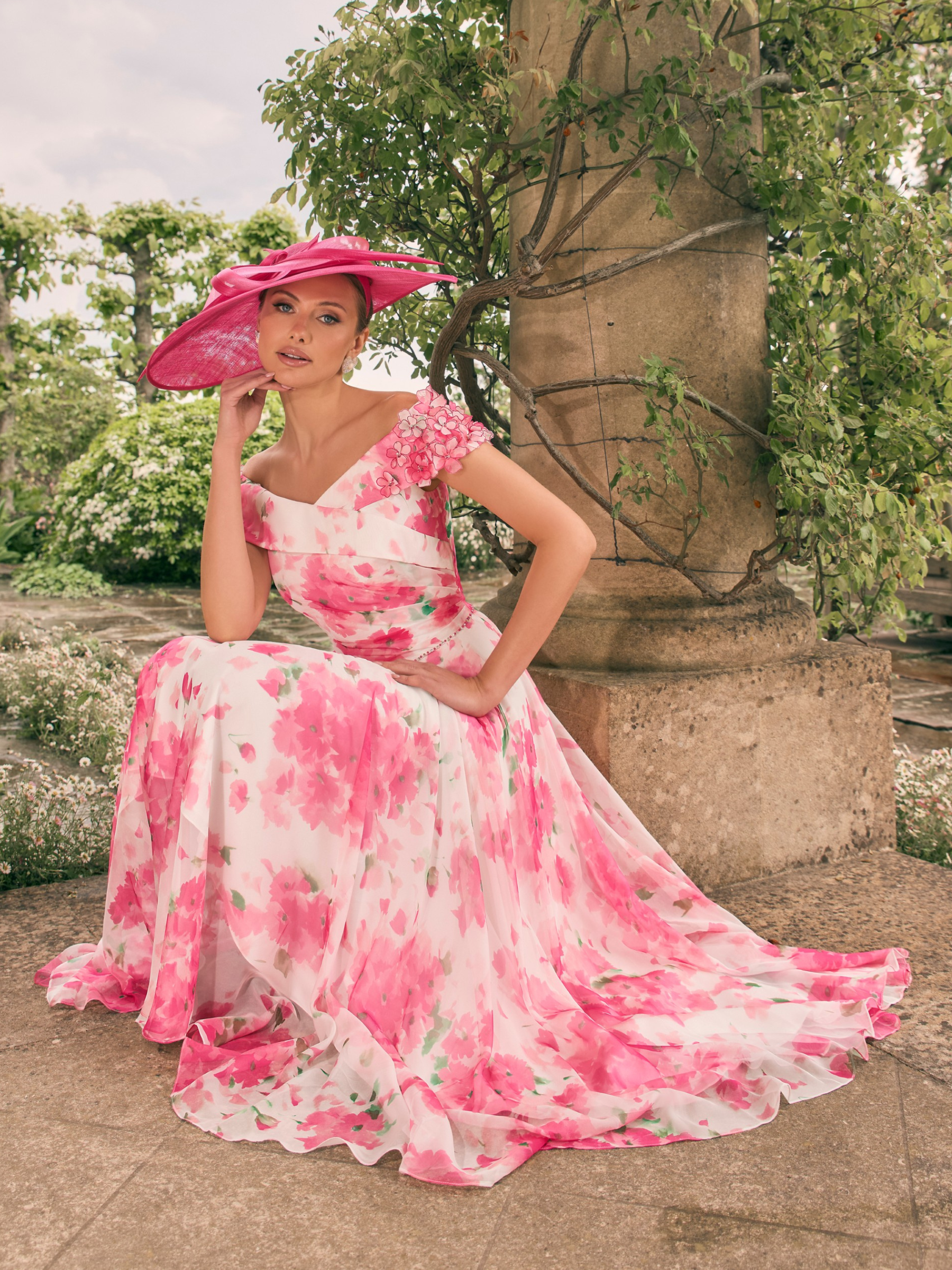 Veni Infantino 992776 Cherry Blossom Print chiffon dress with 3D flower appliqués, off-the-shoulder neckline and flared midi skirt – perfect wedding guest, Mother of the Bride or summer occasion wear outfit.