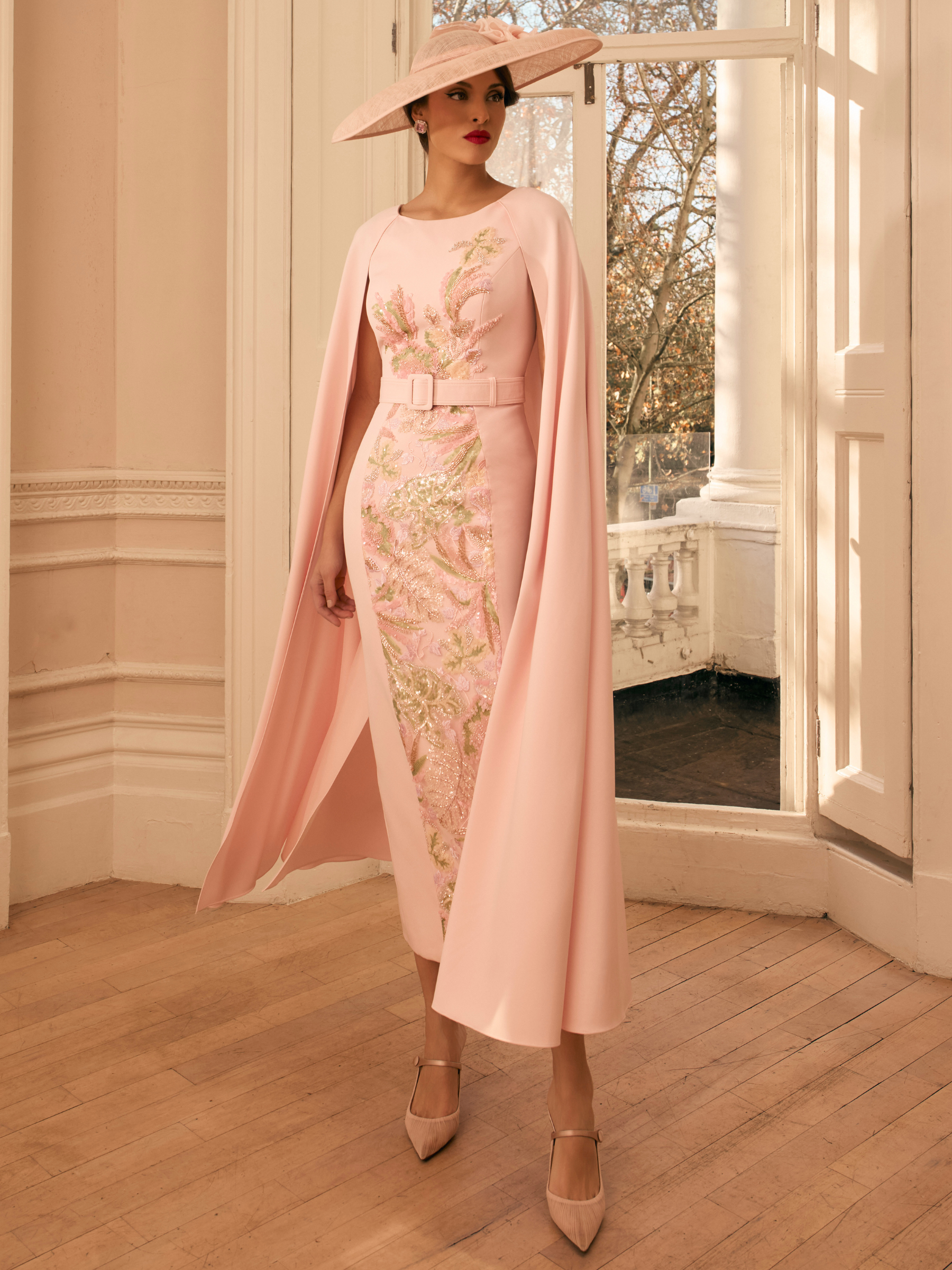 Veni Infantino 992800 Light Pink Dress with boat neckline, floral embroidery, beading, belt and flowing overlay