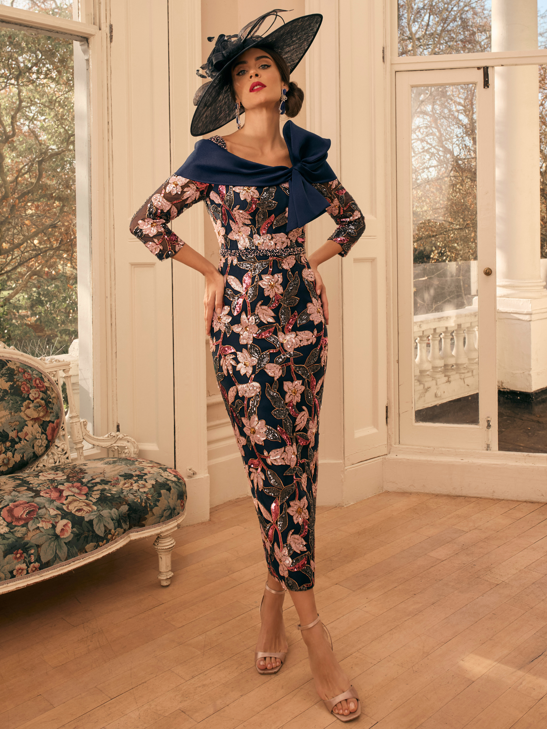 Veni Infantino 992801 Navy Dress with off-the-shoulder bow neckline, floral sequins, beading and sheer sleeves
