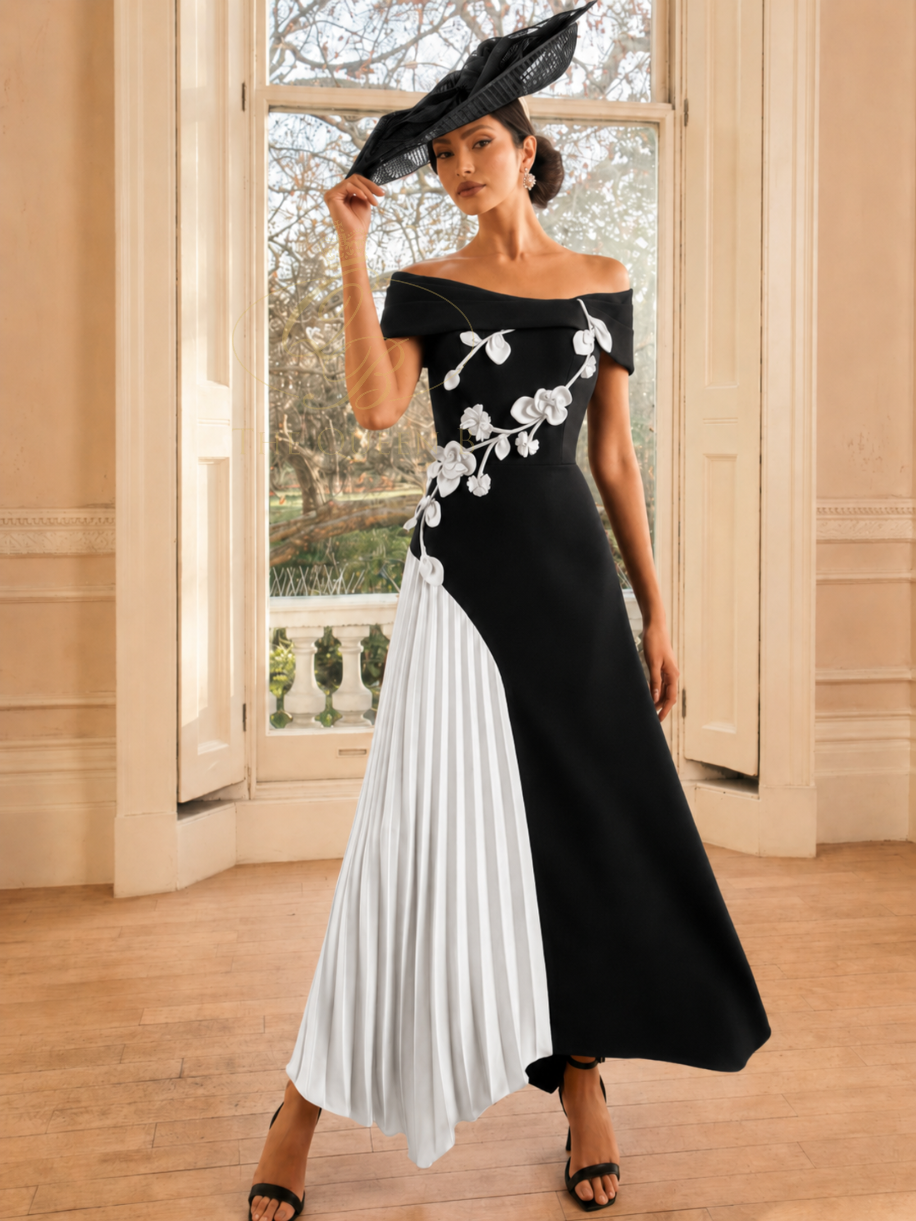 Veni Infantino 992814 Black / White Dress with off-the-shoulder neckline, floral appliqué and pleated skirt panel
