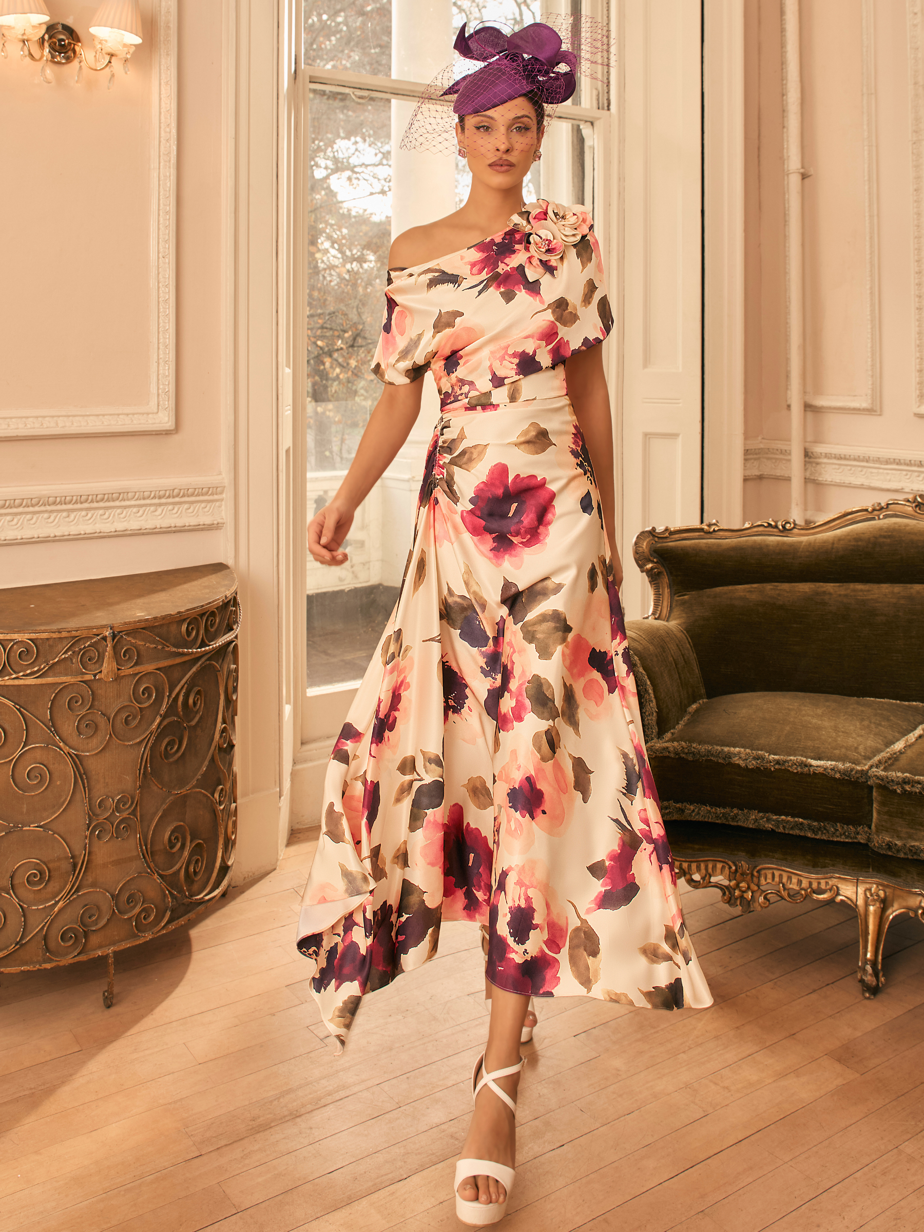 Veni Infantino 992827 Champagne / Merlot Print Dress with asymmetric neckline, floral print and 3D floral shoulder detail