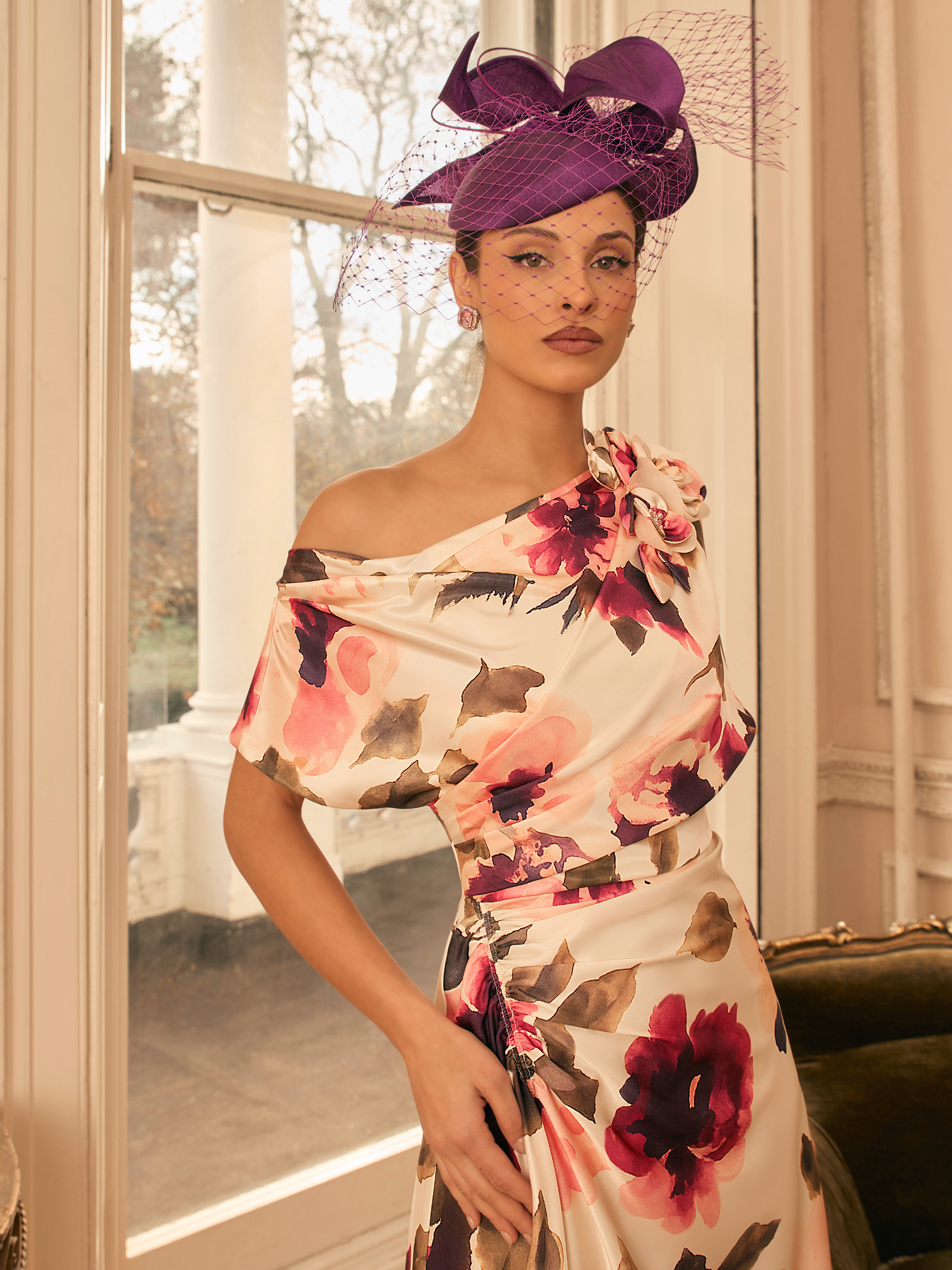 Veni Infantino 992827 Champagne / Merlot Print Dress with asymmetric neckline, floral print and 3D floral shoulder detail
