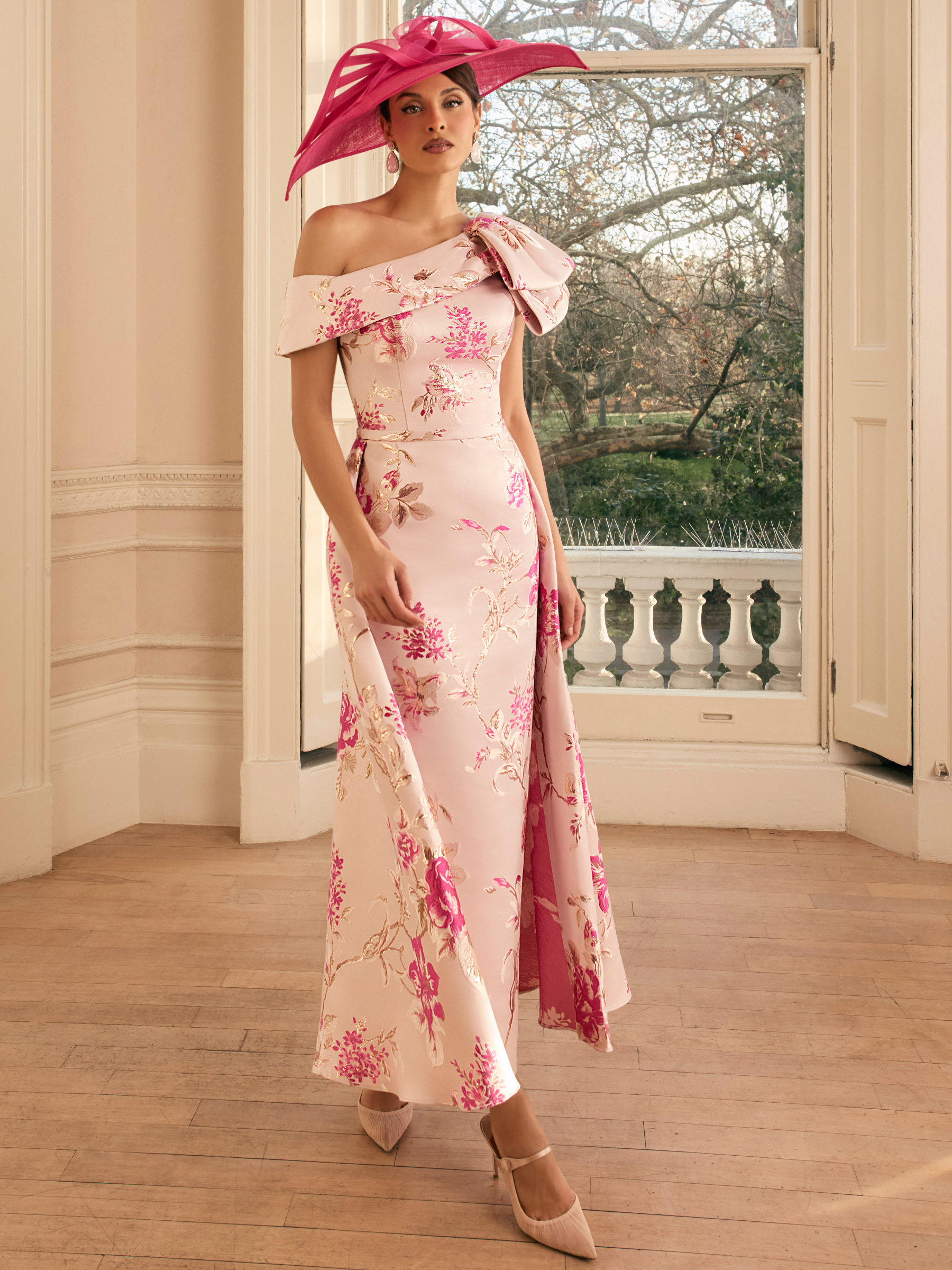 Veni Infantino 992829 Almond / Hot Pink Dress with asymmetric neckline, bow detail and floral jacquard fabric