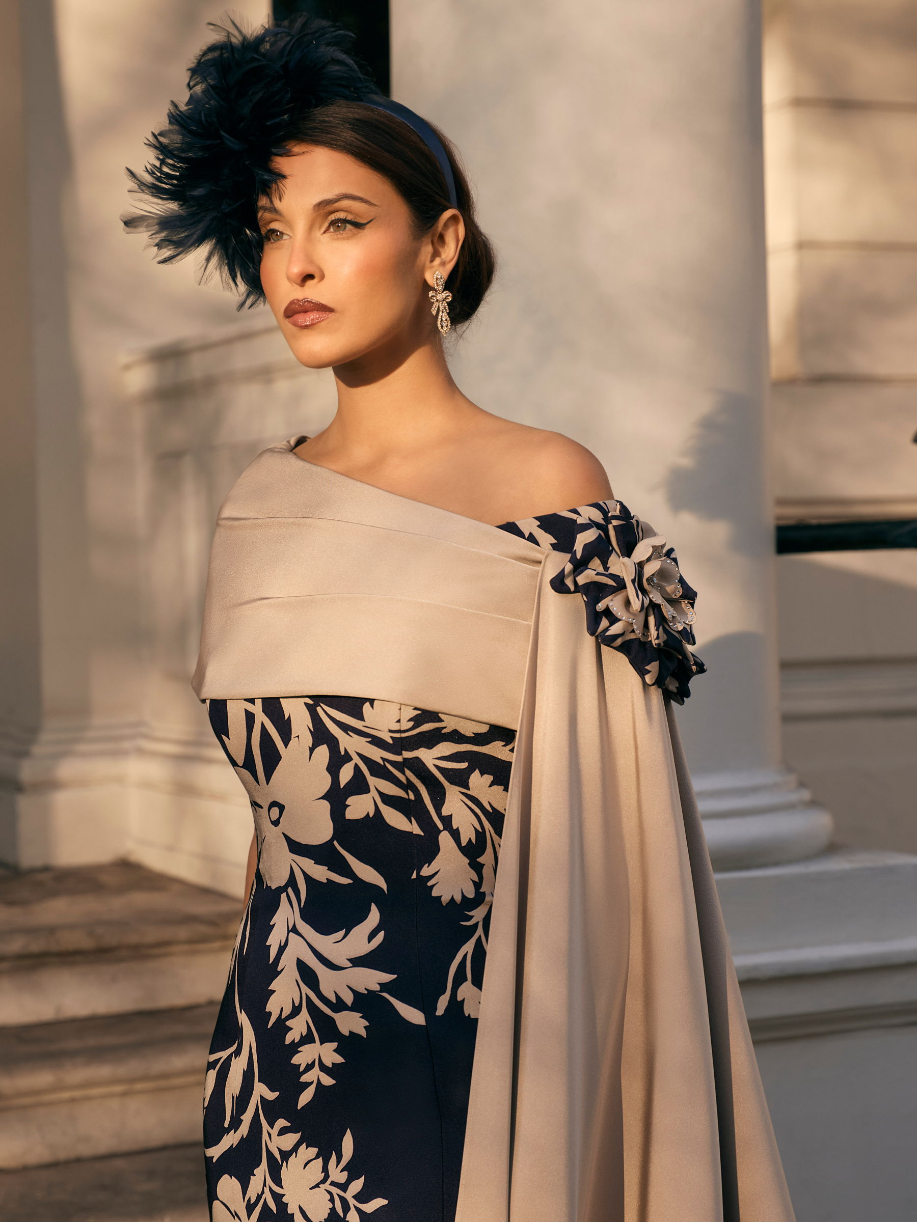 Veni Infantino 992846 Navy Latte Dress with off-the-shoulder neckline, floral embroidery, wrap detail and beading