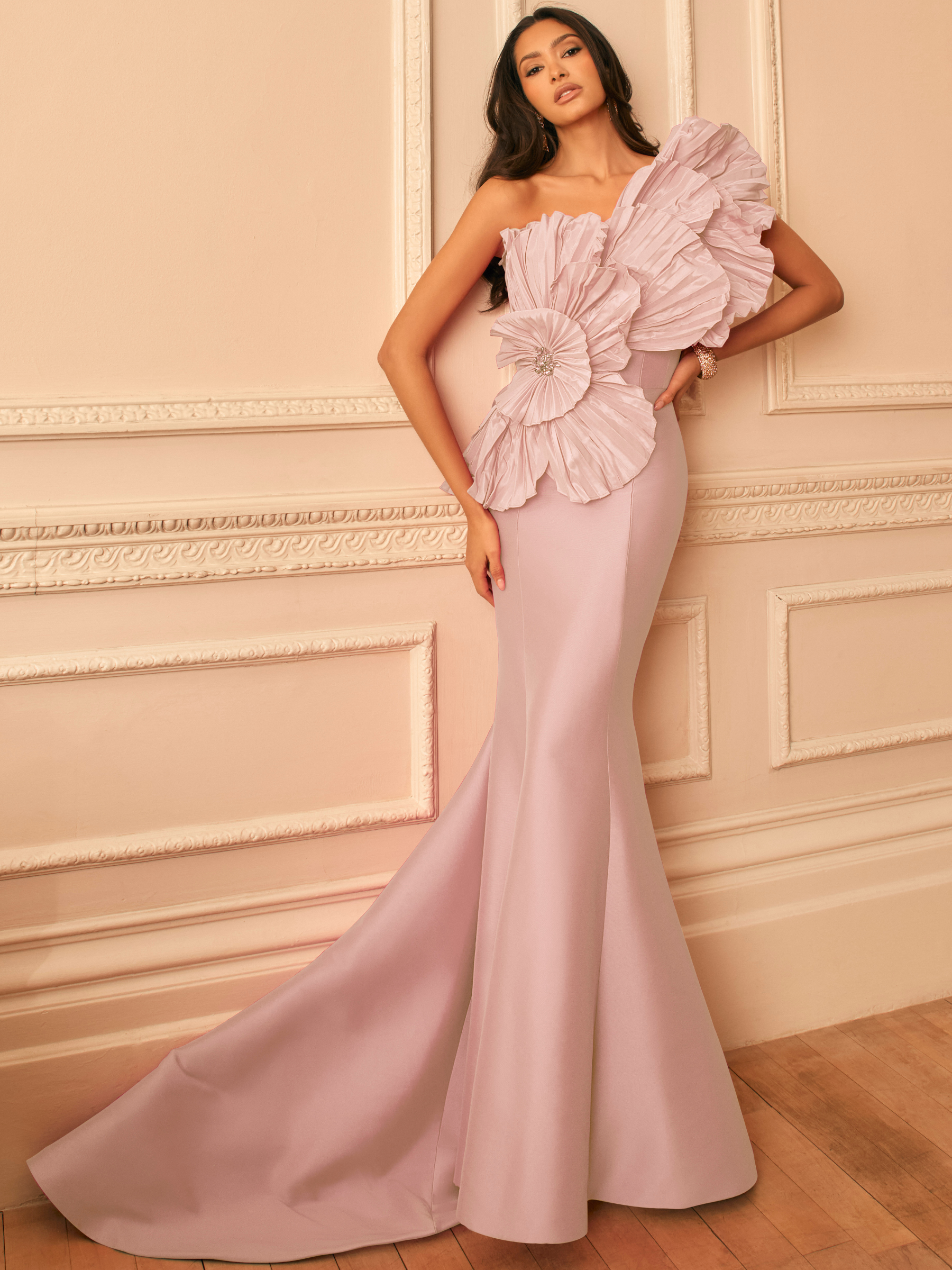 Veni Infantino 992869 Blush Dress with one-shoulder neckline, sculptural floral ruffles and puddle train