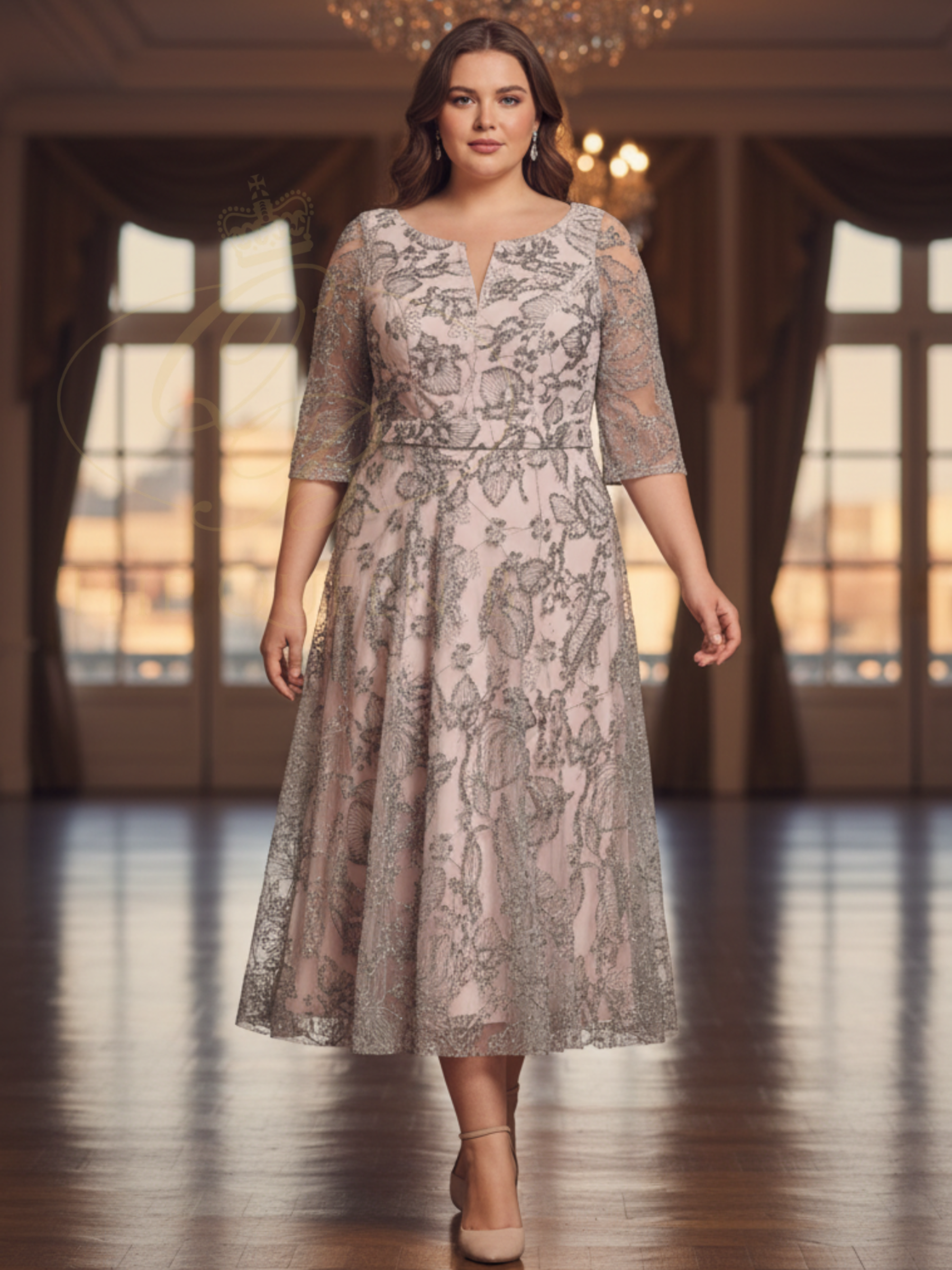 Veromia Occasions VO0955 silver and pink dress with lace overlay, split neckline, three-quarter sleeves and flowing A-line skirt.
