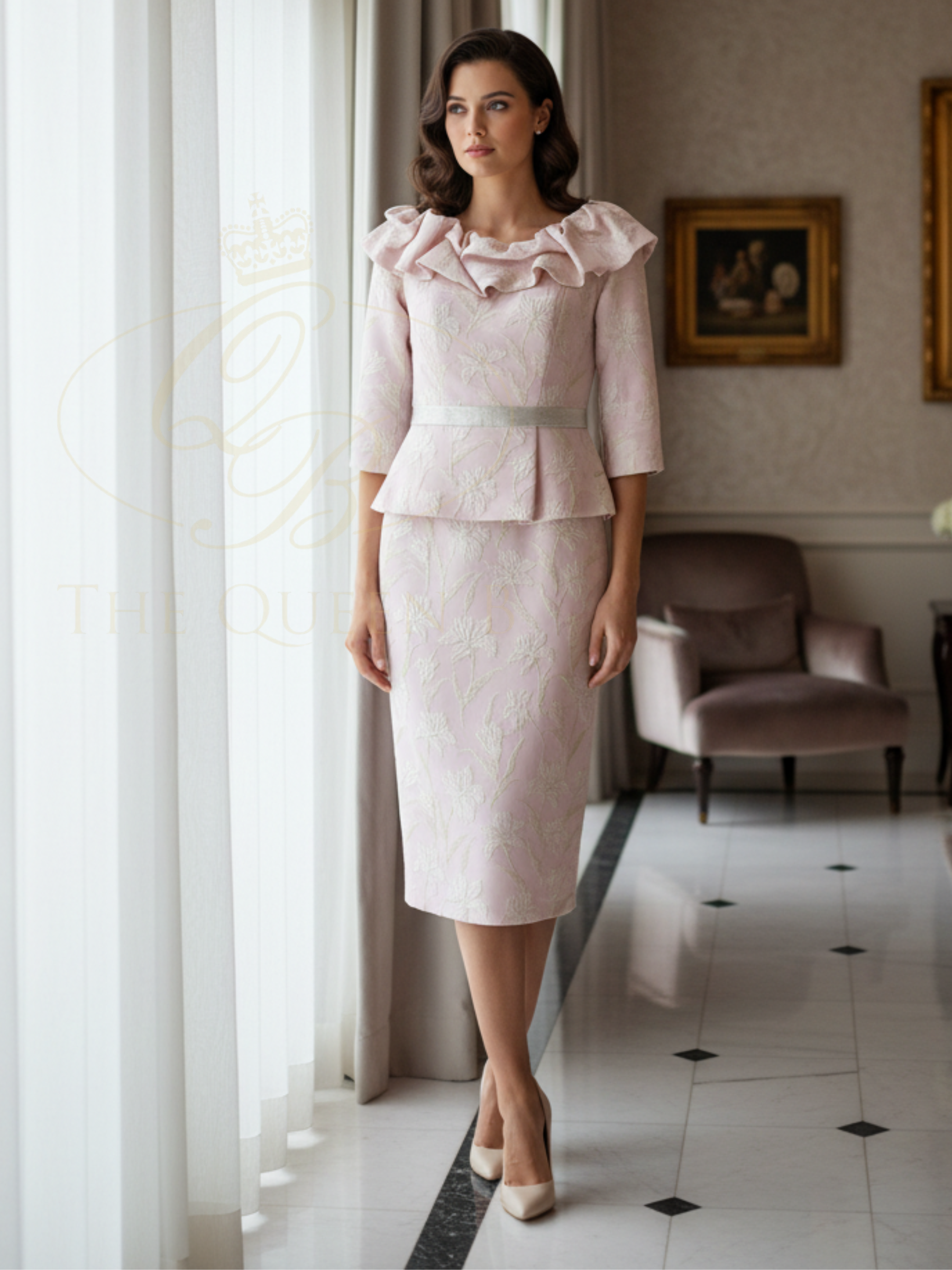 Veromia Occasions VO2921 shell pink pencil dress with ruffle neckline and elegant midi silhouette.