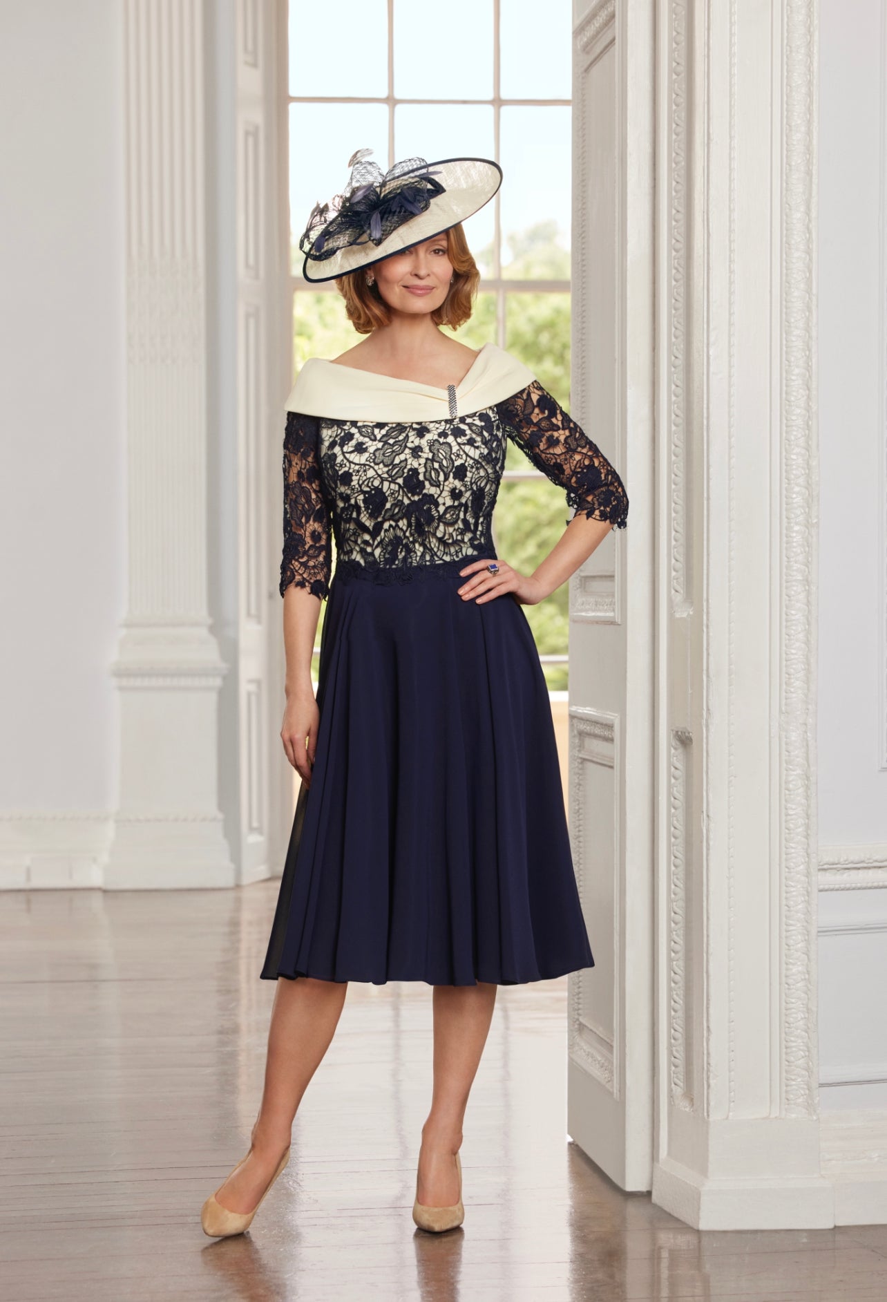 cream and navy blue dress Stitches Double Breasted Navy and Cream Tailored Short Sleeved Dress With  Buttonhole Details