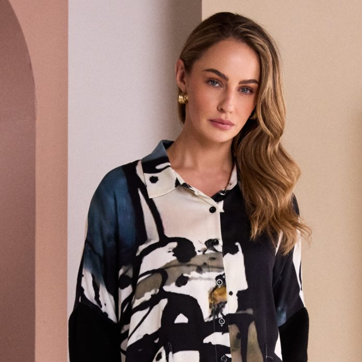 Naya print button through shirt, a smart casual outfit for women at The Queen B Boutique in Penarth