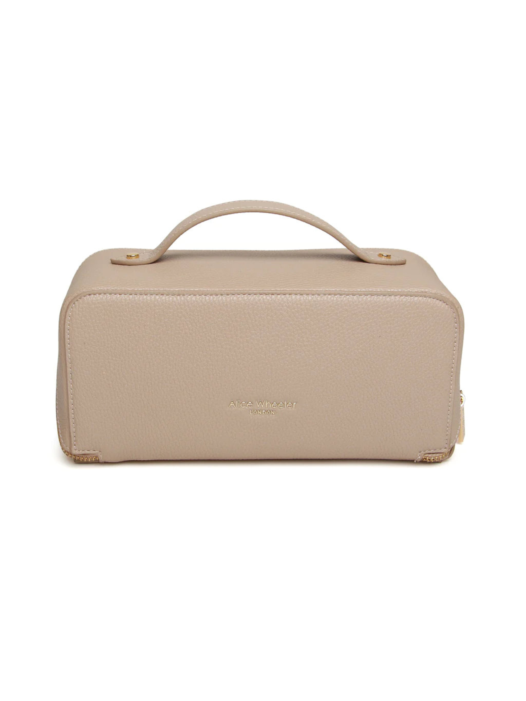 Alice Wheeler AW0226 Stone Train Case M – stylish medium cosmetic bag with gold zip, lined interior and organiser pockets, women’s luxury travel case.