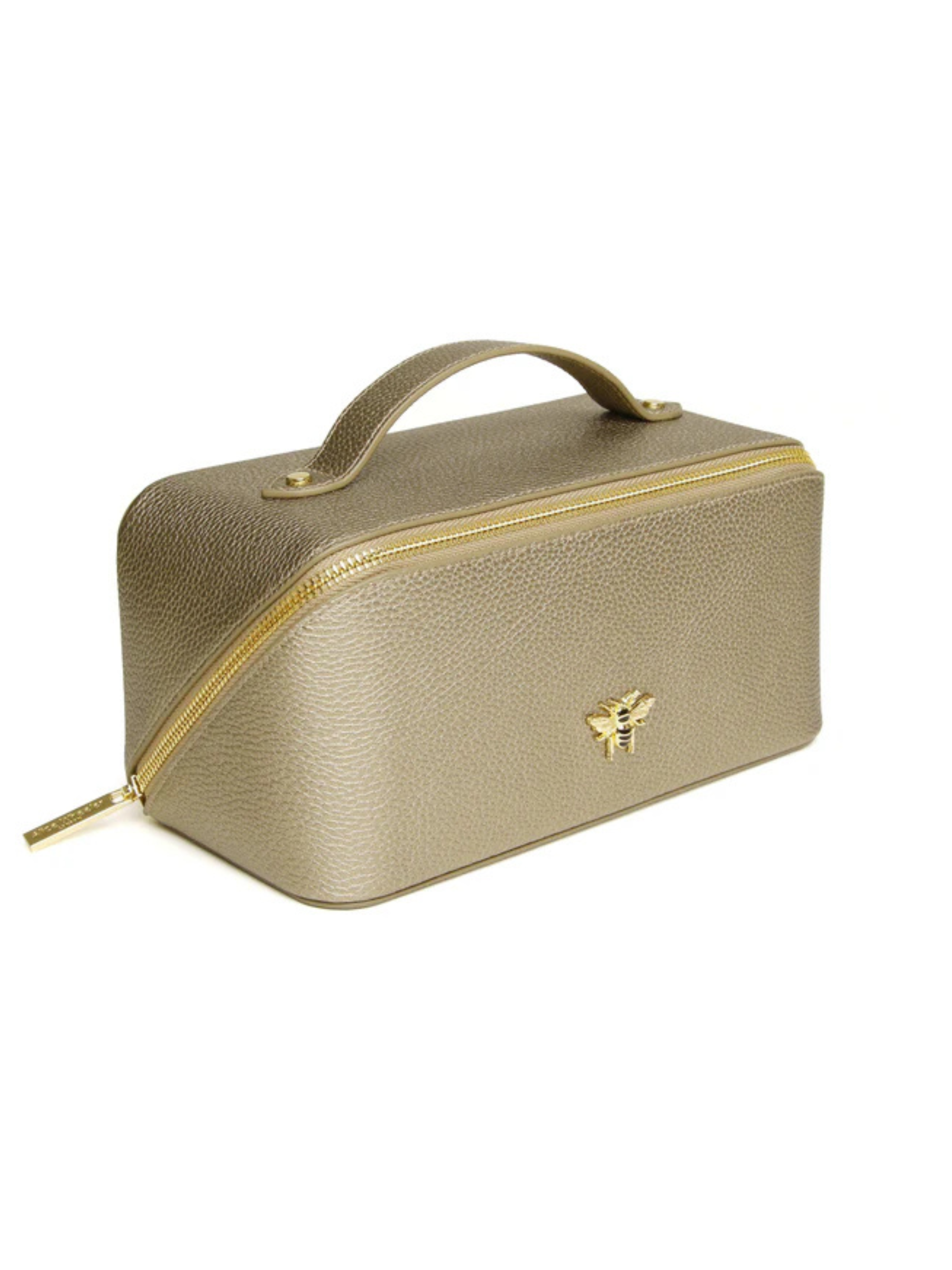 Alice Wheeler AW0285 Bronze Train Case M – stylish medium cosmetic bag with gold zip, lined interior and organiser pockets, women’s luxury travel case.