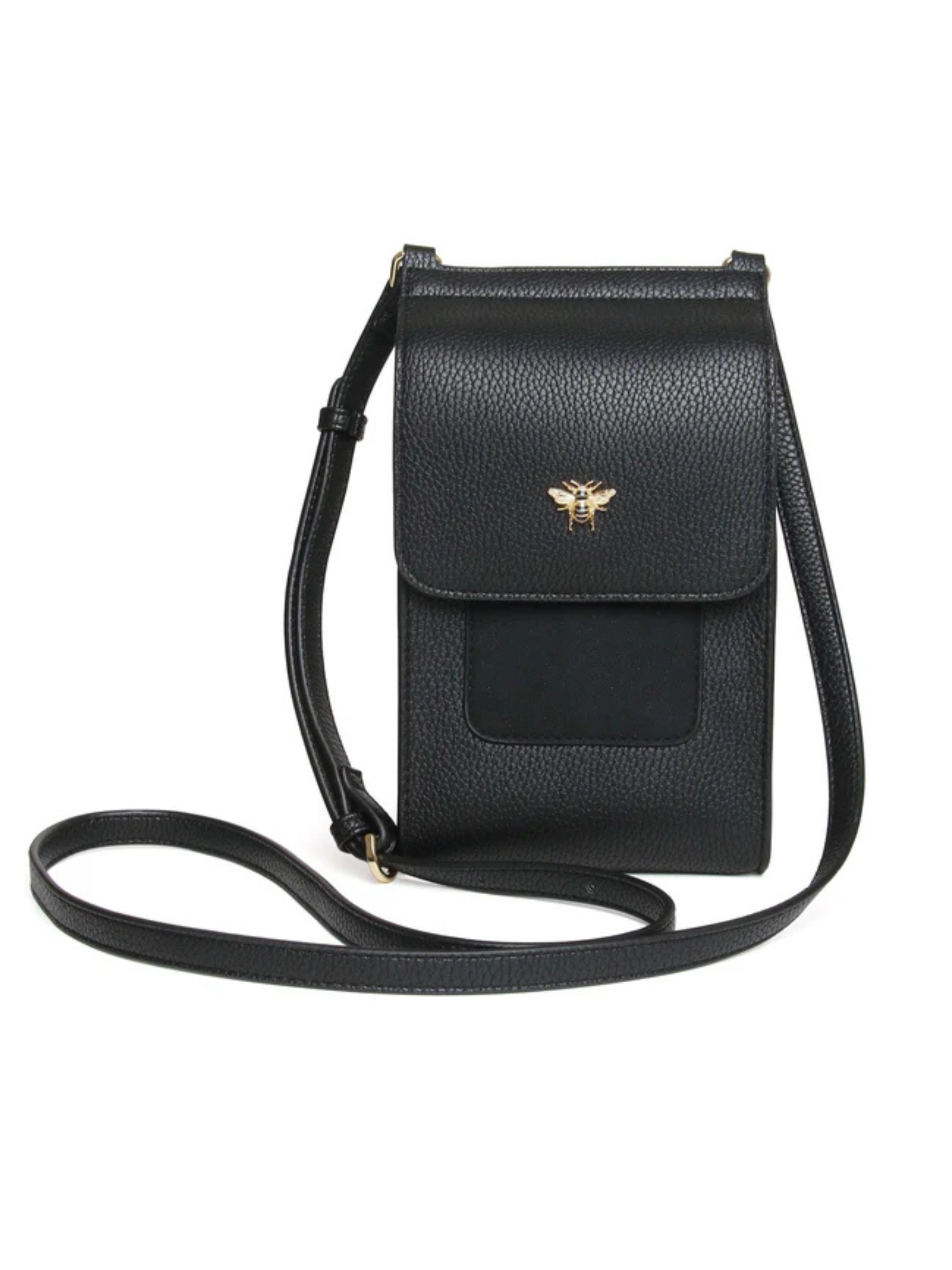 Alice Wheeler AW6045 Black Mini Bloomsbury Cross Body Bag – vegan leather compact crossbody with black suede panel, card holder and magnetic clasp, women’s stylish everyday bag.