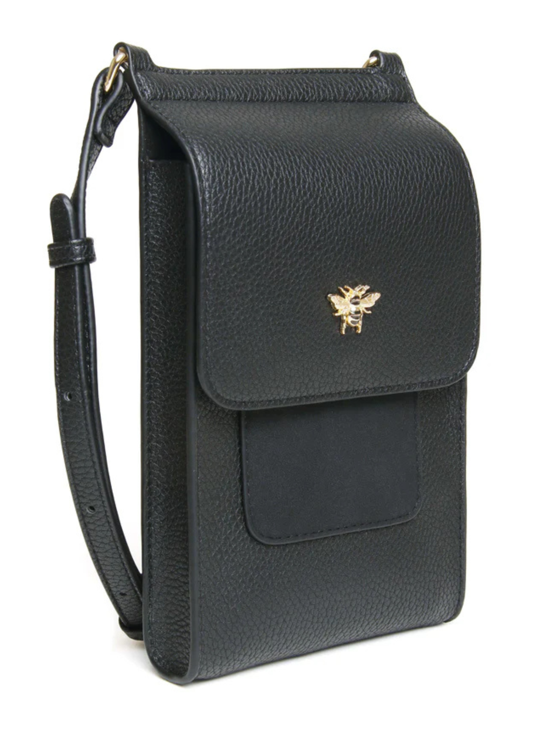 Alice Wheeler AW6045 Black Mini Bloomsbury Cross Body Bag – vegan leather compact crossbody with black suede panel, card holder and magnetic clasp, women’s stylish everyday bag.