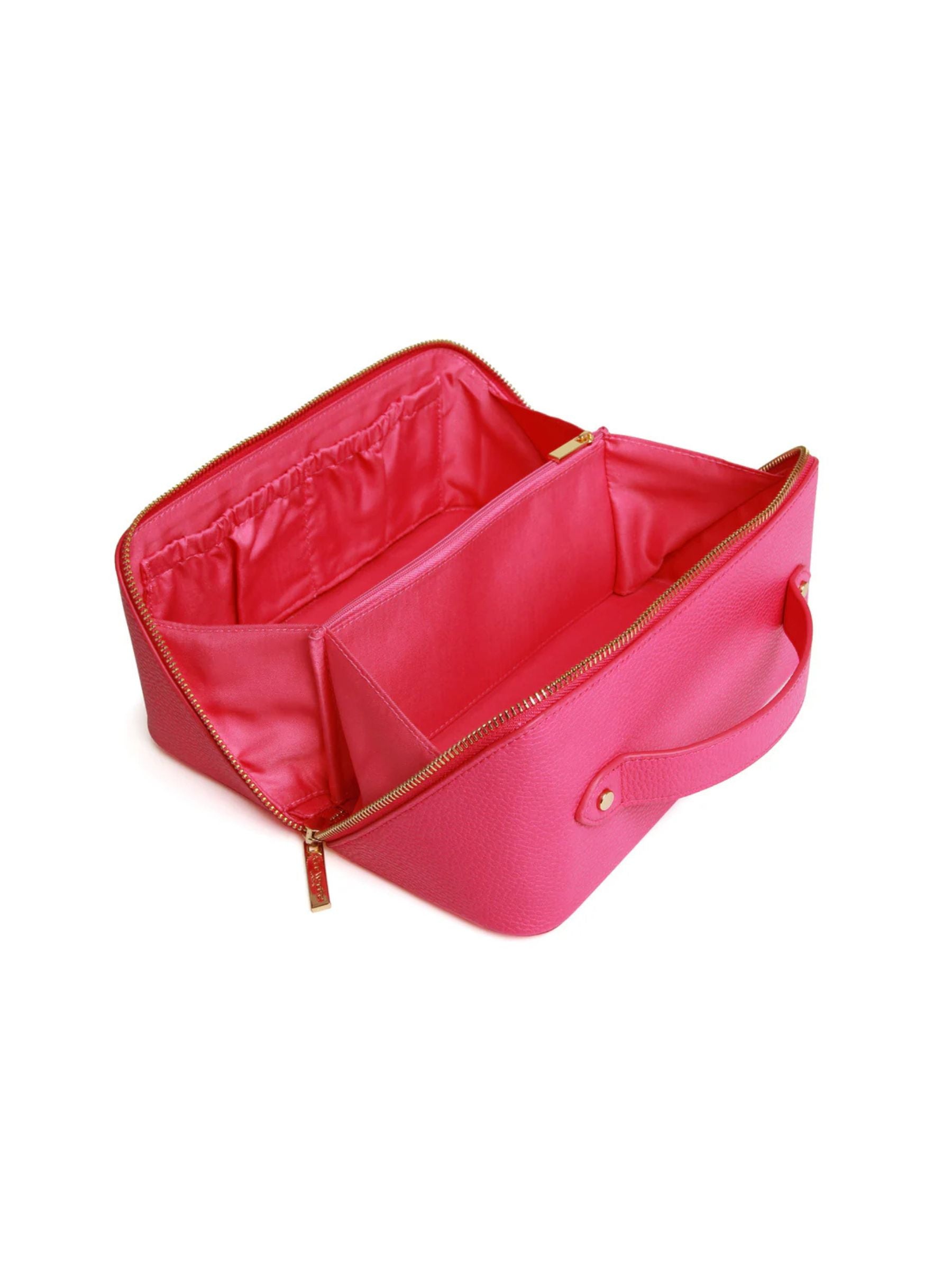 ALICE WHEELER AW0266 hot pink train case with gold zip, wide opening, lined interior and internal pockets.