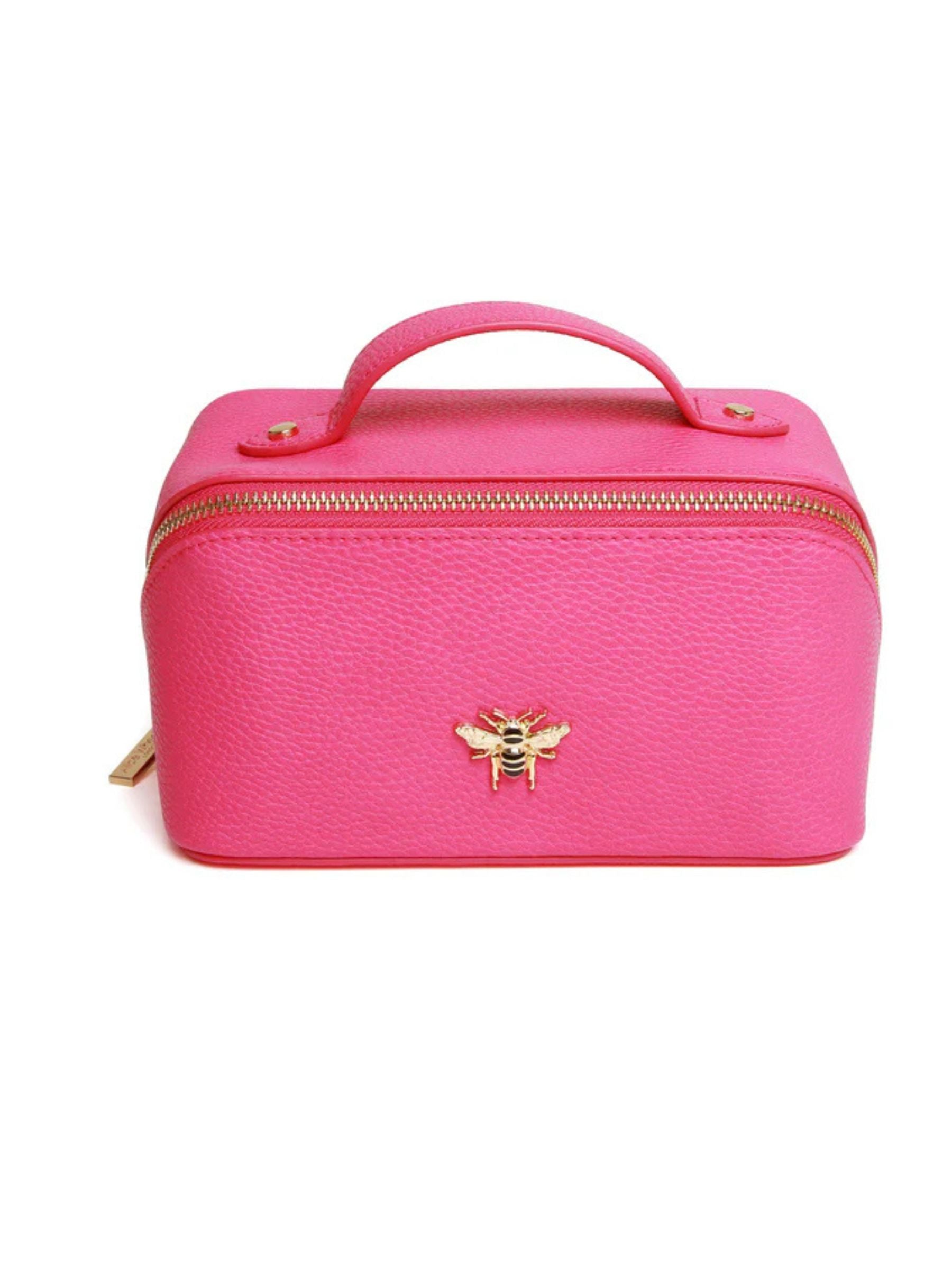 ALICE WHEELER AW0267 hot pink mini train case with gold zip, wide opening, lined interior and internal pockets.
