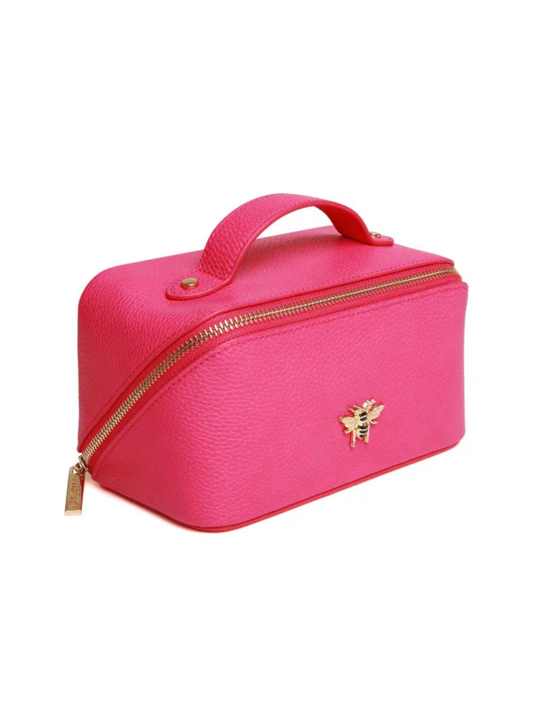 ALICE WHEELER AW0267 hot pink mini train case with gold zip, wide opening, lined interior and internal pockets.