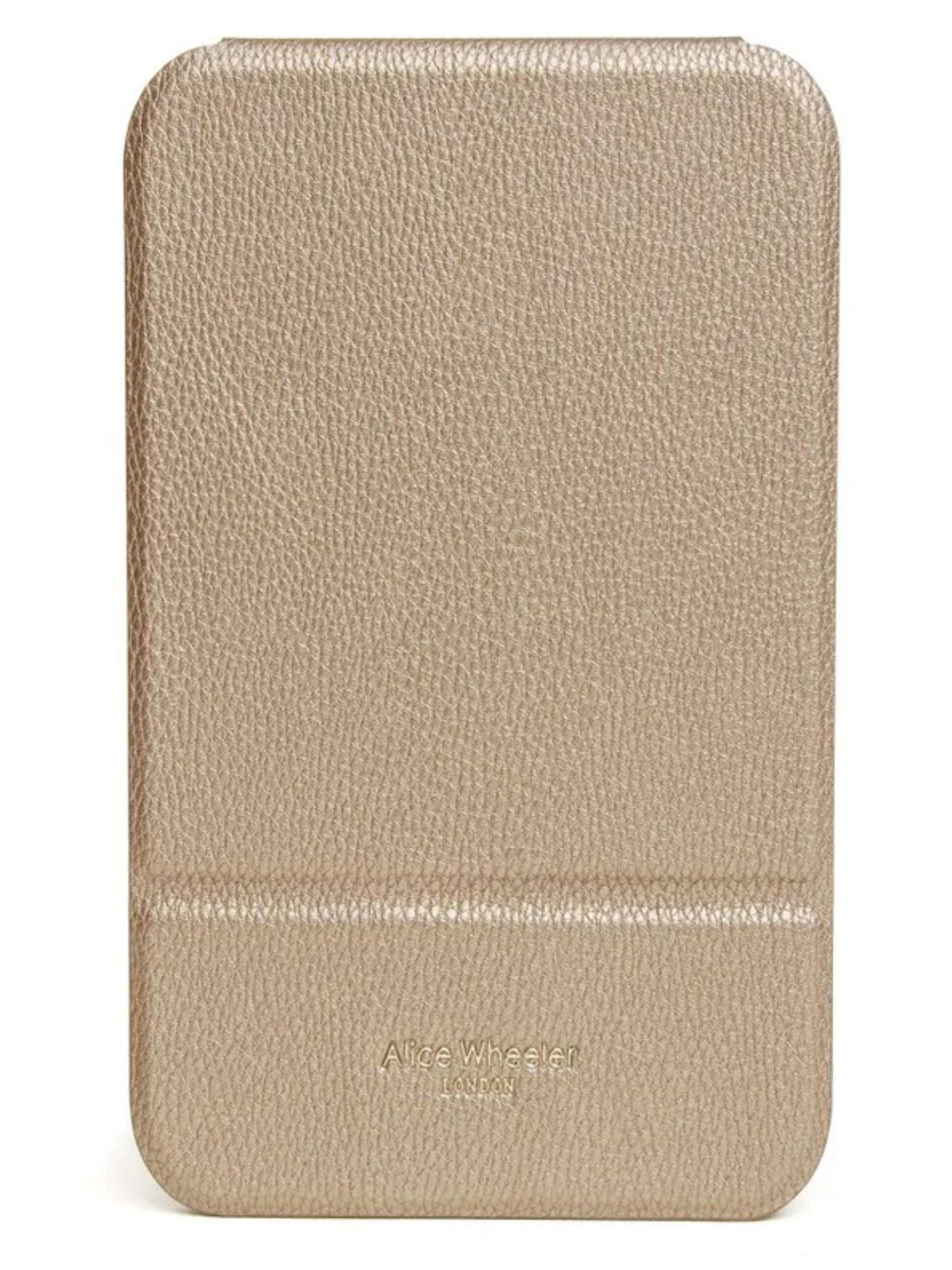 ALICE WHEELER AW0305 bronze folding travel mirror with frameless design, protective folding case and stand, 15 × 20 cm size.