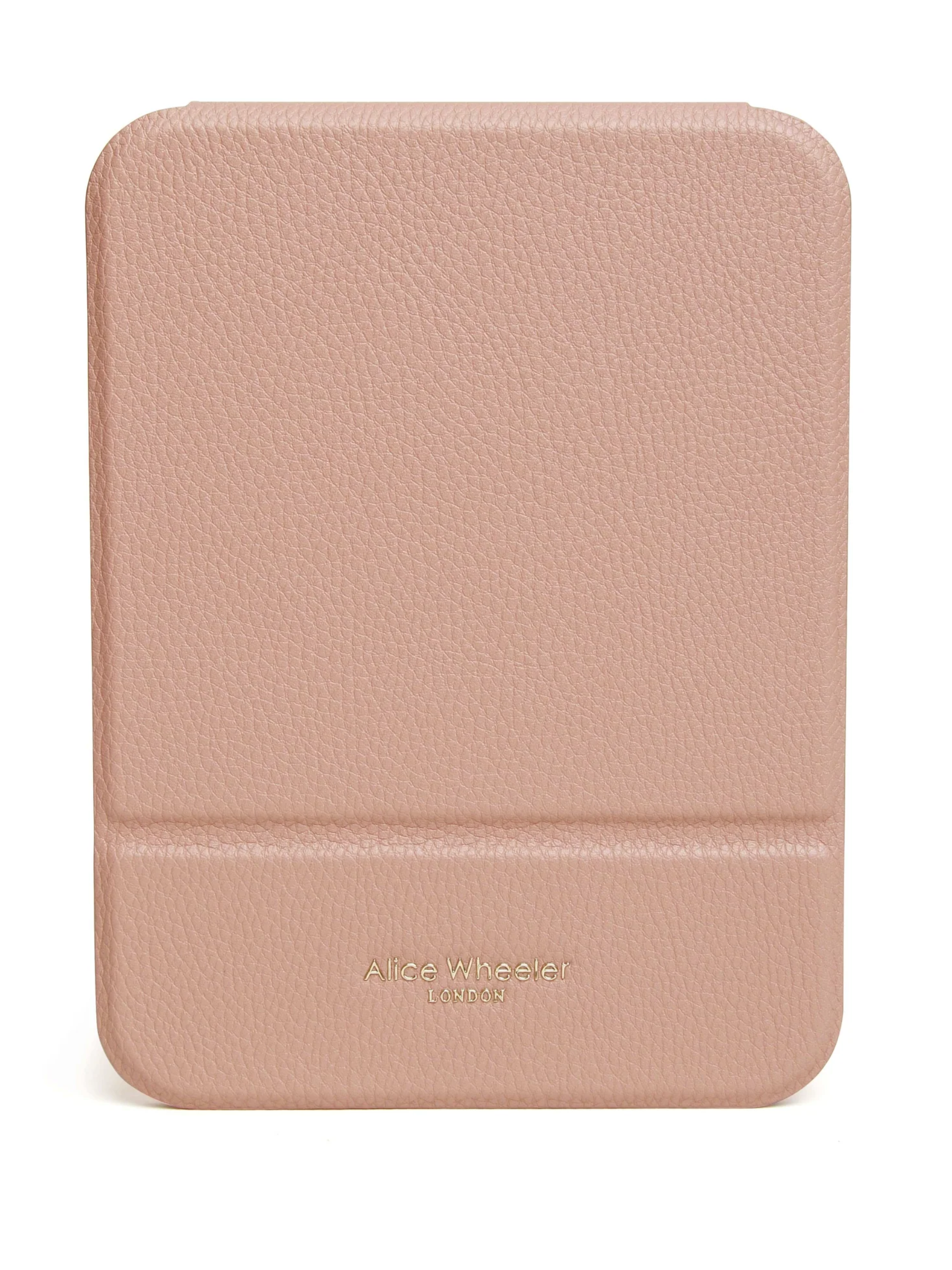 ALICE WHEELER AW0306 pink folding travel mirror with frameless design, protective folding case and stand, 15 × 20 cm size.