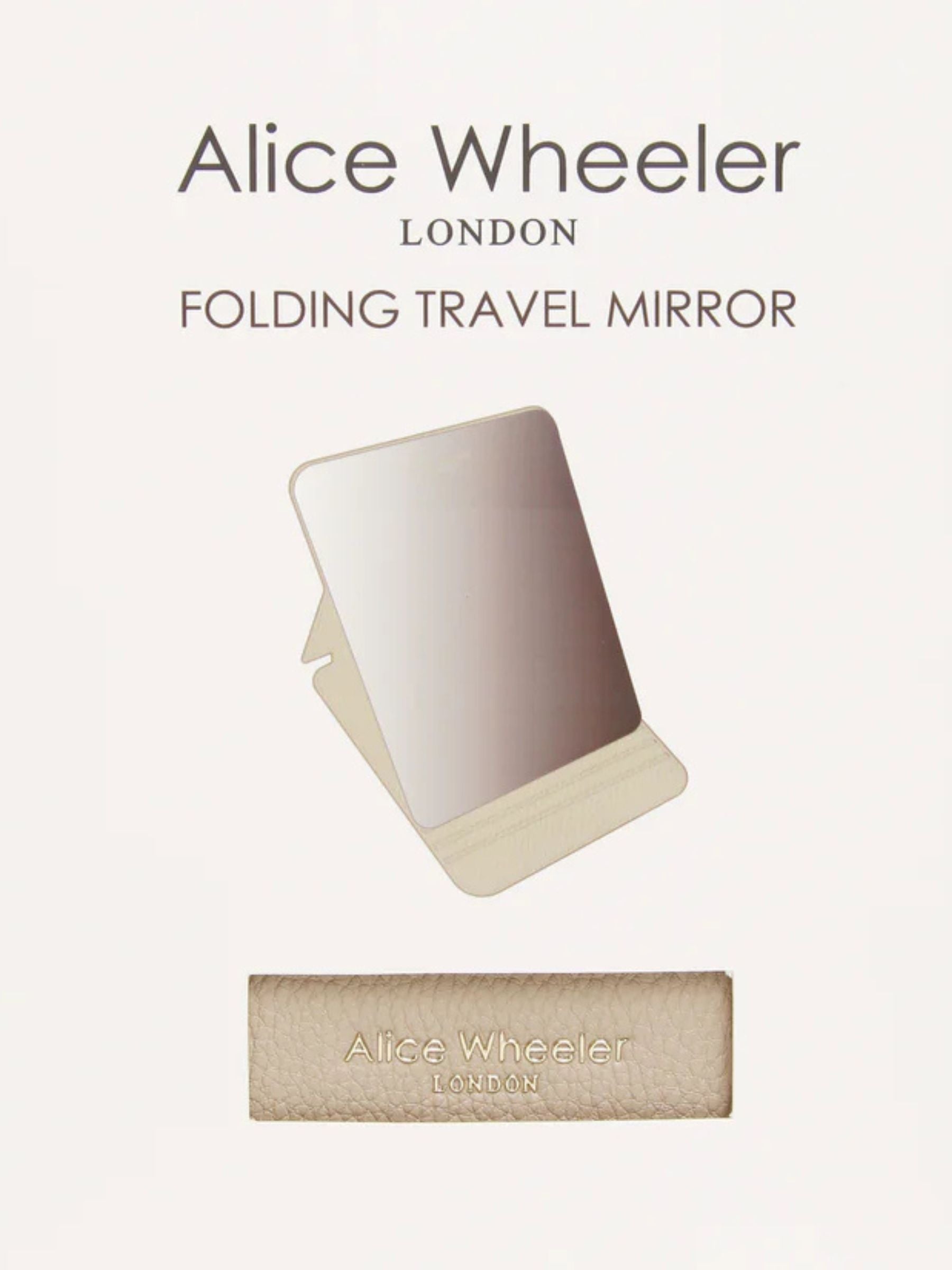 ALICE WHEELER AW0310 stone folding travel mirror with frameless design, protective folding case and stand, 15 × 20 cm size.