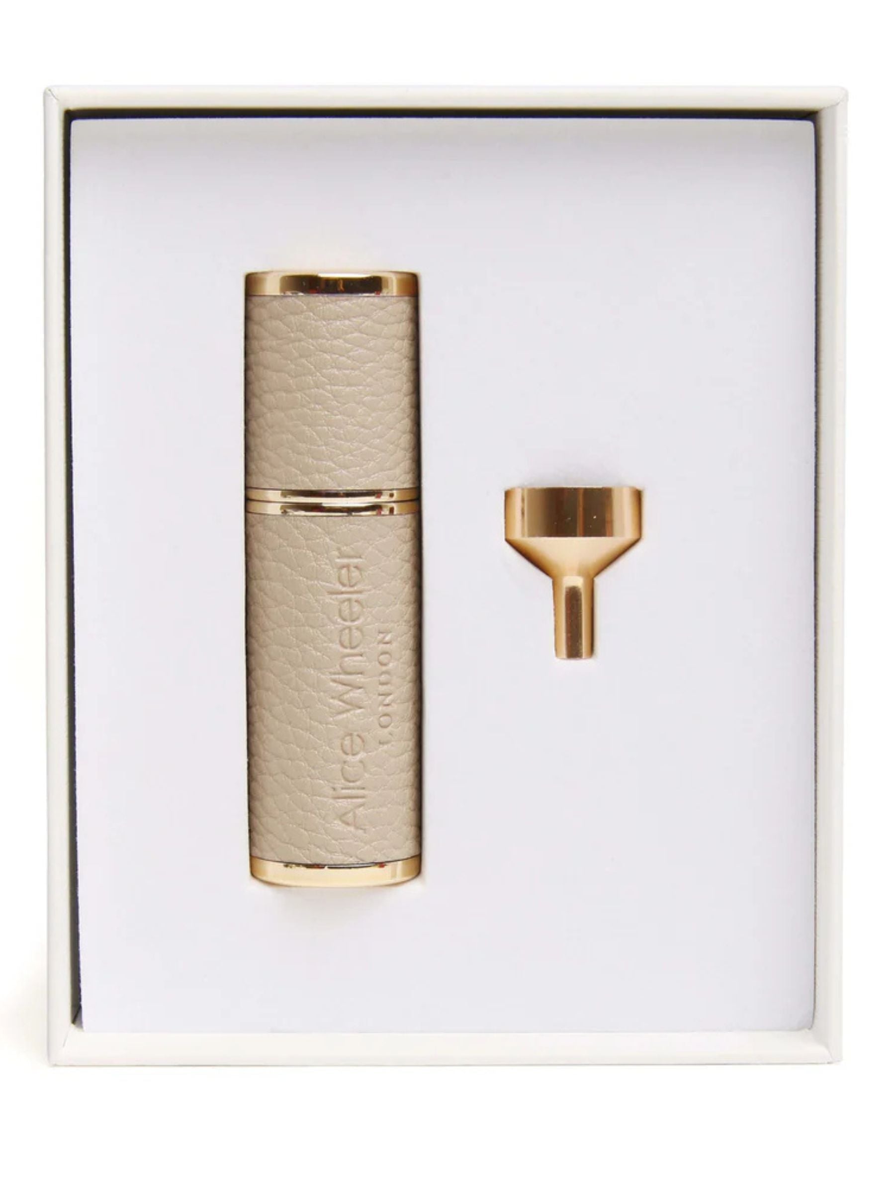 ALICE WHEELER AW0316 stone atomizer with vegan leather finish and metallic accents, refillable travel fragrance accessory.