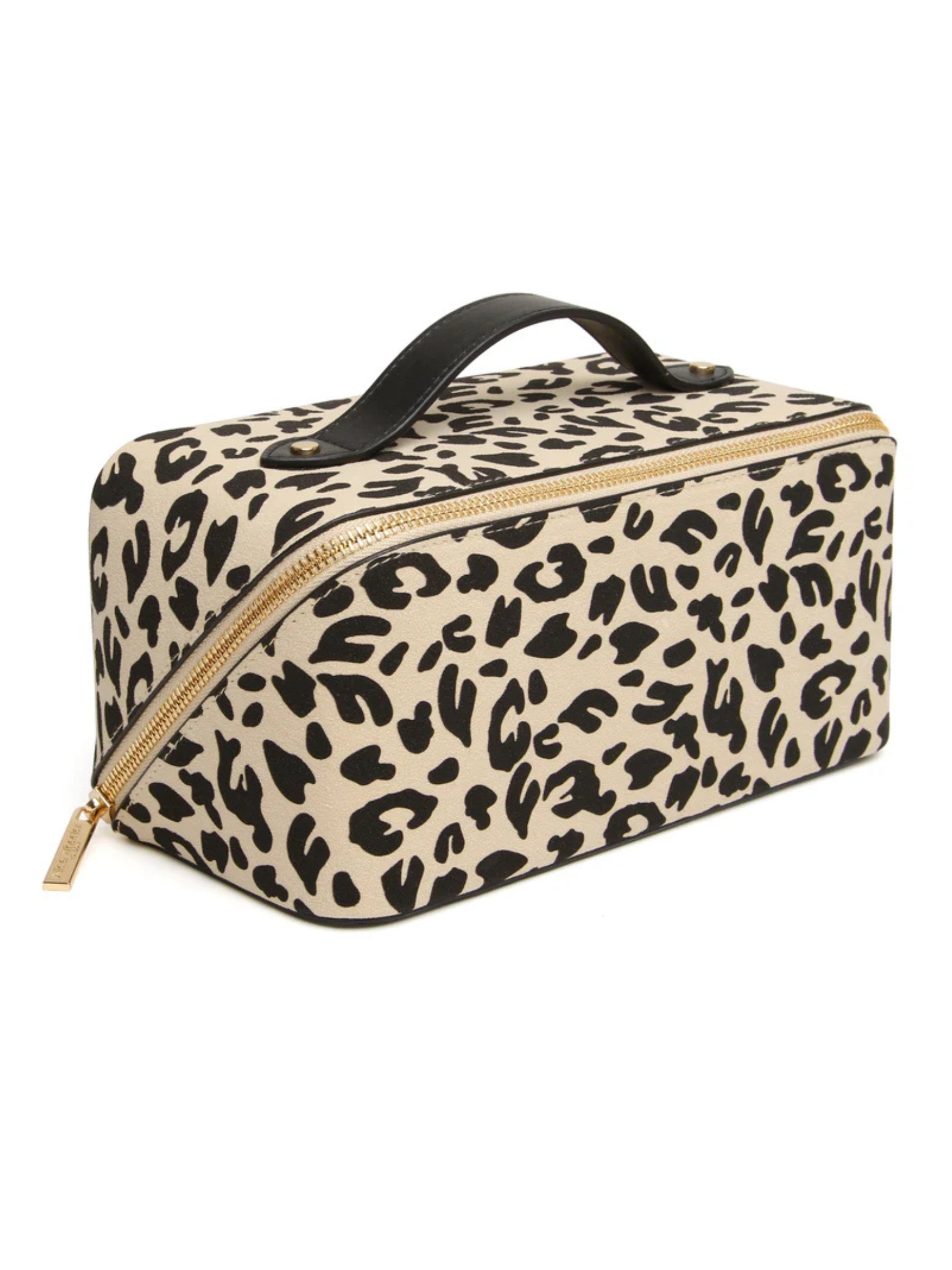 ALICE WHEELER AW0334 leopard print large train case with gold zip, wide opening, compartments and 24 × 12 × 12 cm size.