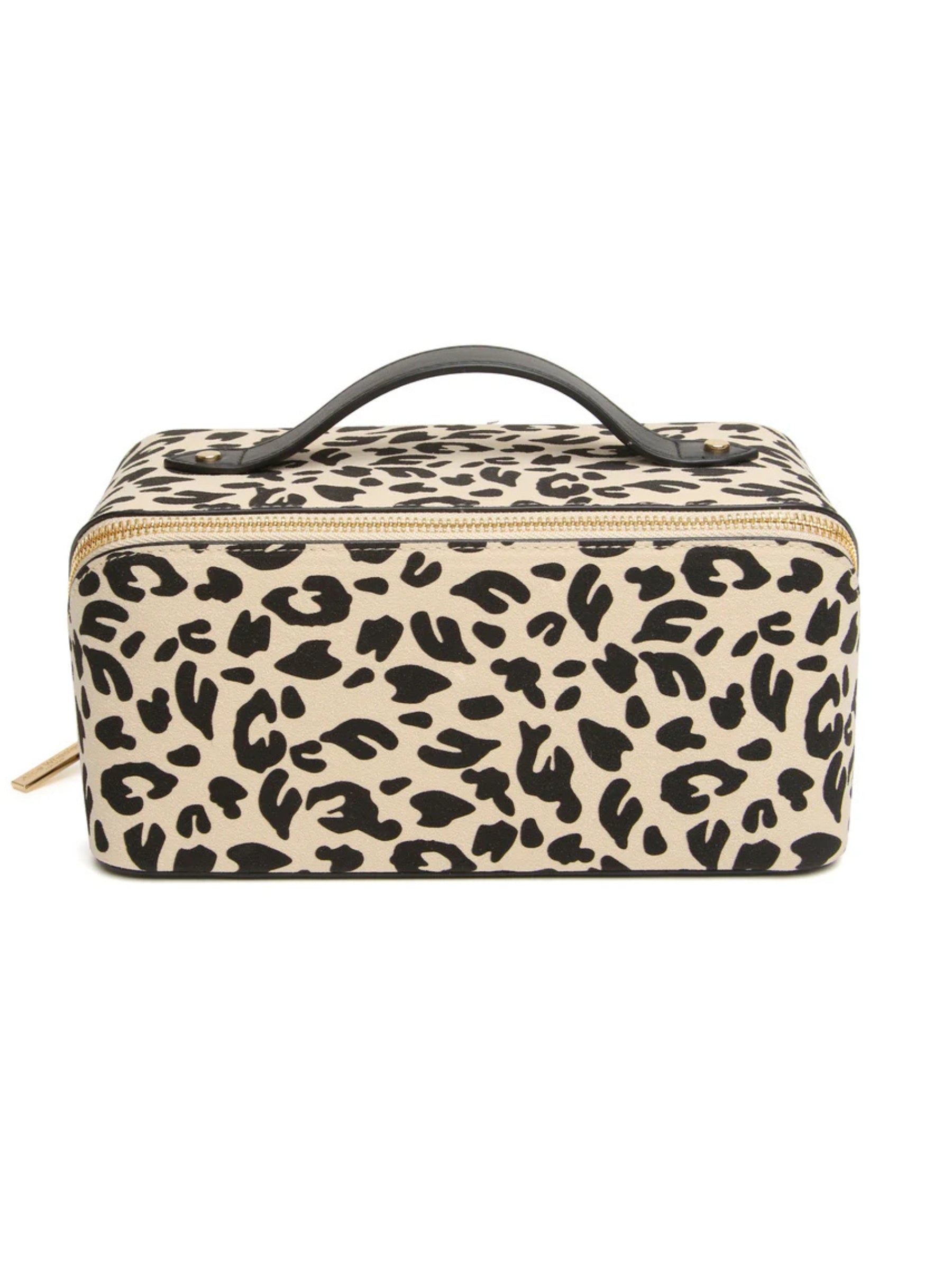 ALICE WHEELER AW0334 leopard print large train case with gold zip, wide opening, compartments and 24 × 12 × 12 cm size.