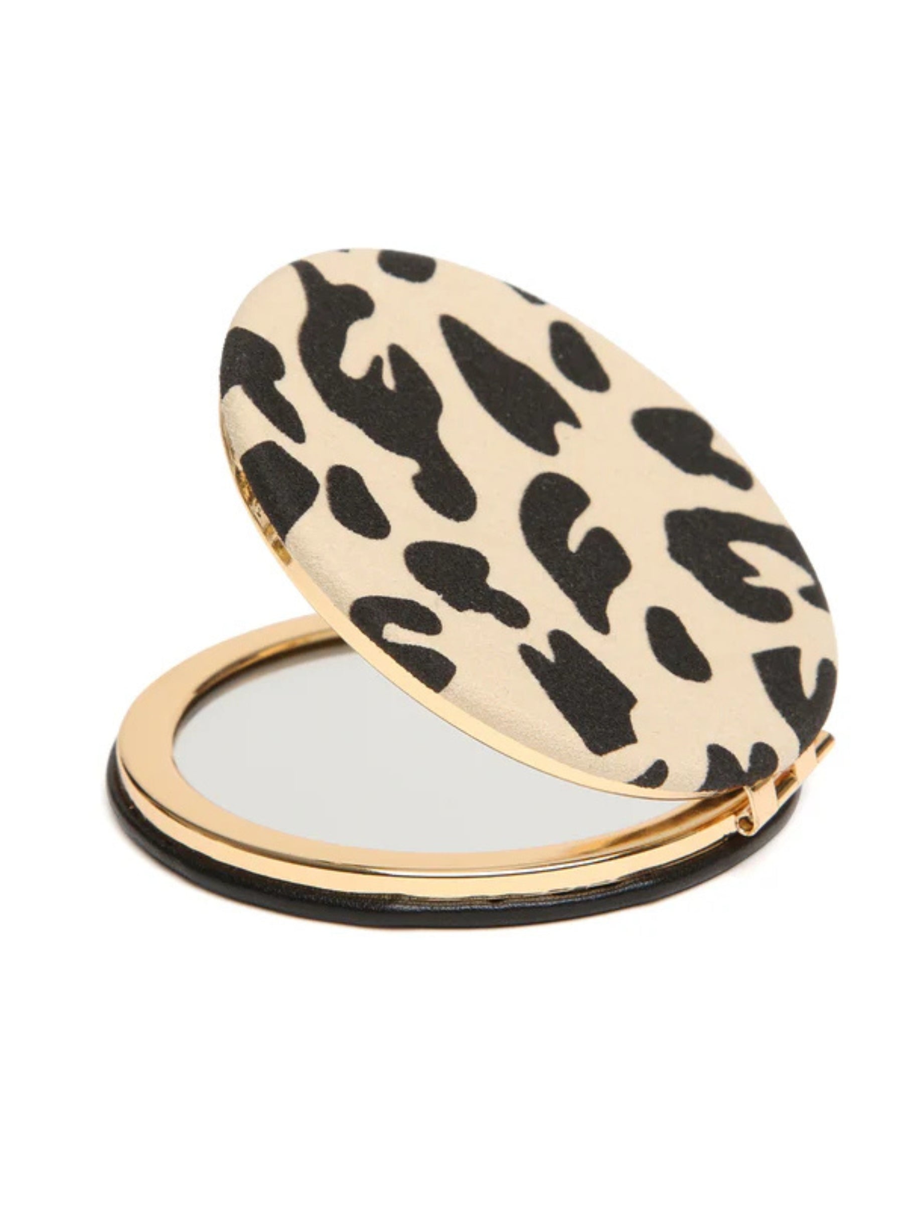 ALICE WHEELER AW0340 leopard compact mirror with vegan leather cover, honey bee emblem, dual magnification, 7cm round design.