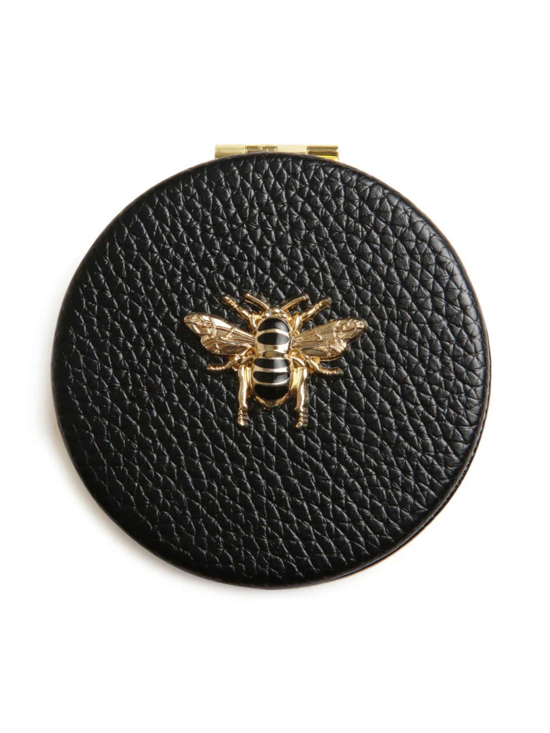 ALICE WHEELER AW5807 black round compact mirror with vegan leather cover, honey bee emblem, dual magnification, 7cm purse size.