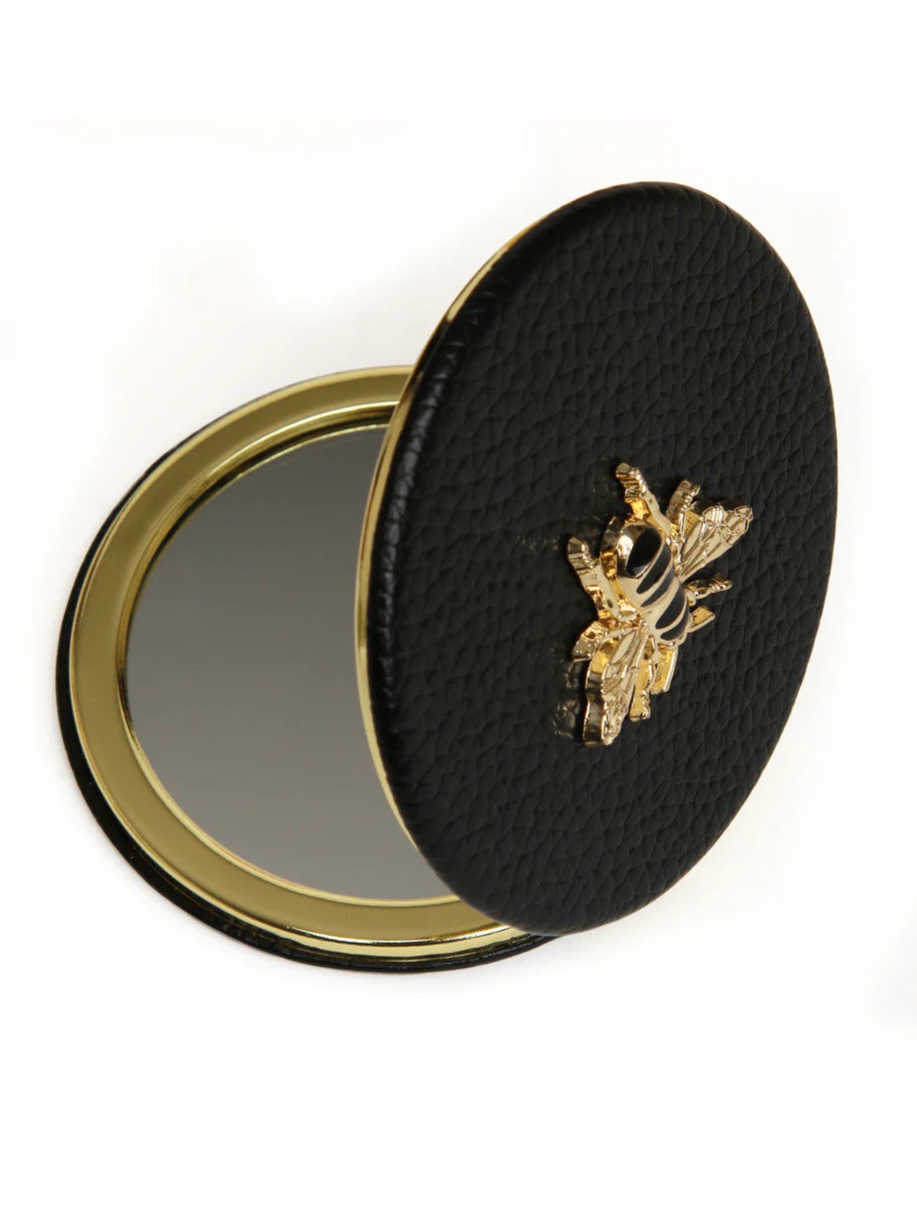 ALICE WHEELER AW5807 black round compact mirror with vegan leather cover, honey bee emblem, dual magnification, 7cm purse size.