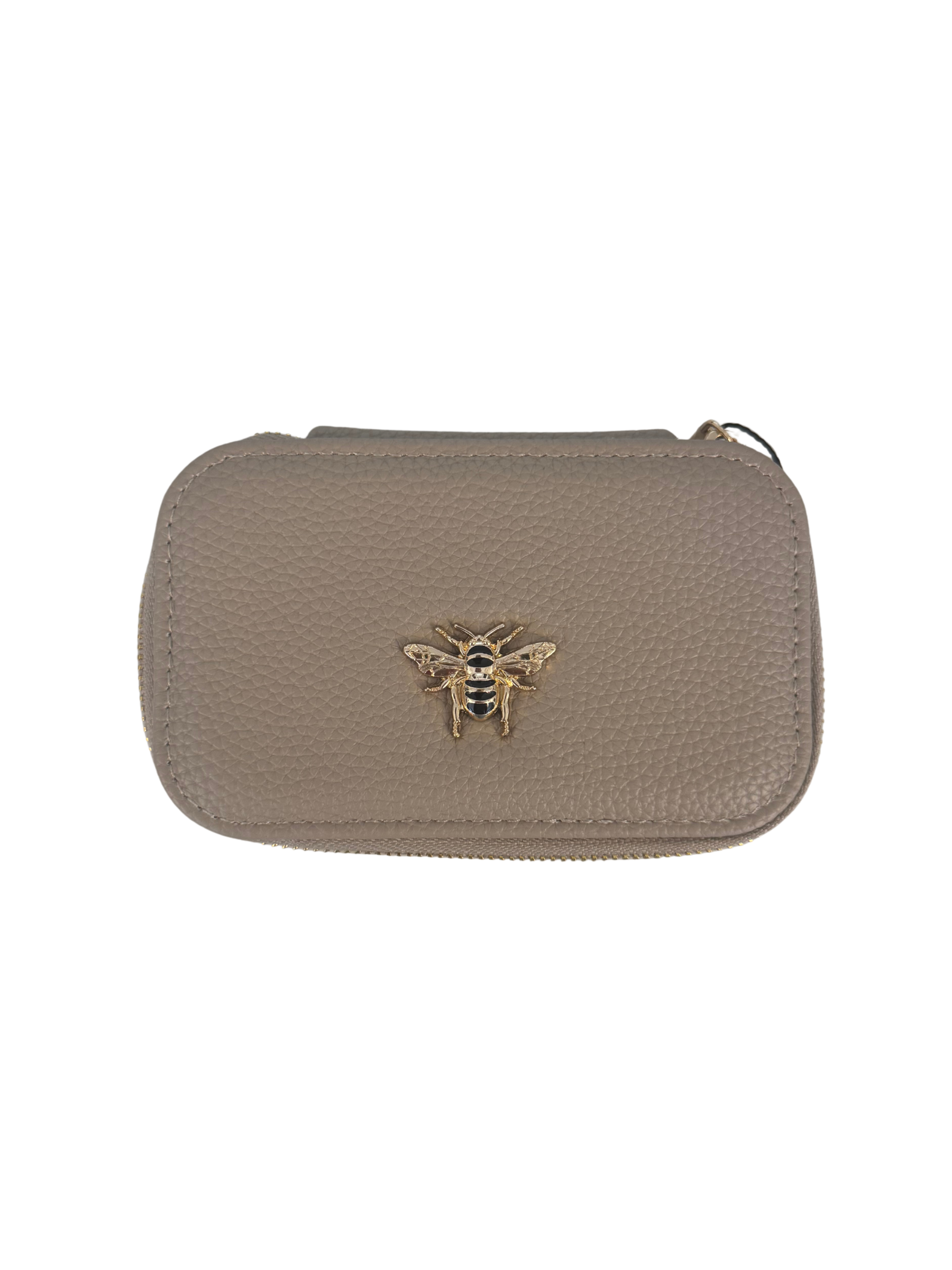 Alice Wheeler AW5950 Stone Mini Jewellery Box with gold bee emblem – compact travel jewellery organiser with zip closure, ring rolls and storage compartment.