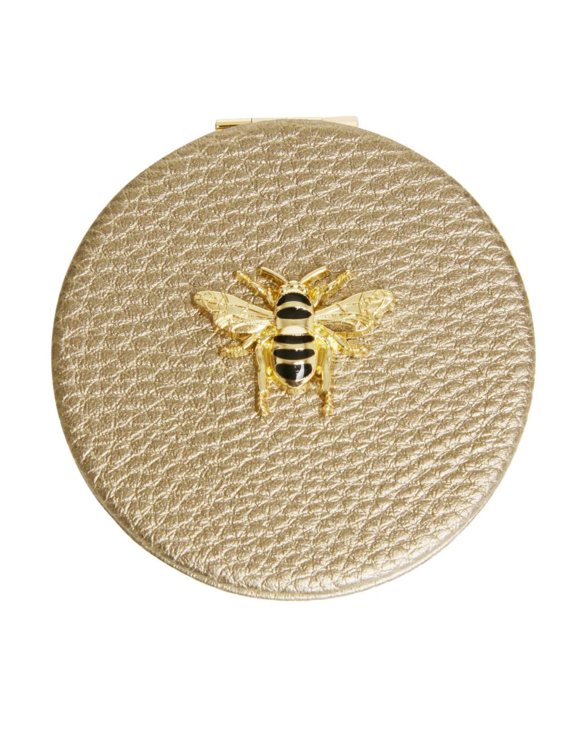 ALICE WHEELER AW6054 bronze round compact mirror with vegan leather cover, honey bee emblem, dual magnification, 7cm purse size.