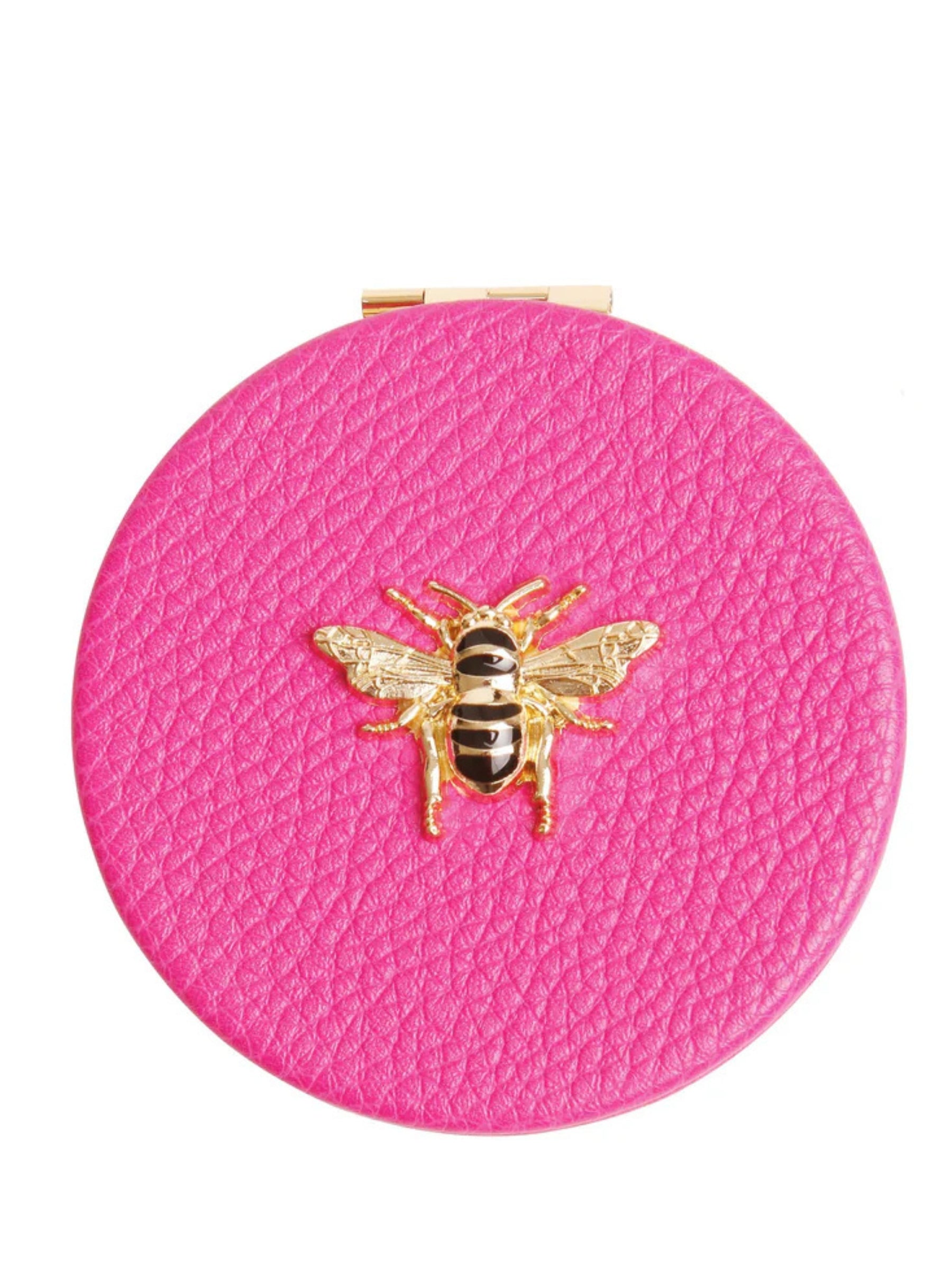 ALICE WHEELER AW6056 hot pink round compact mirror with vegan leather cover, honey bee emblem, dual magnification, 7cm purse size.