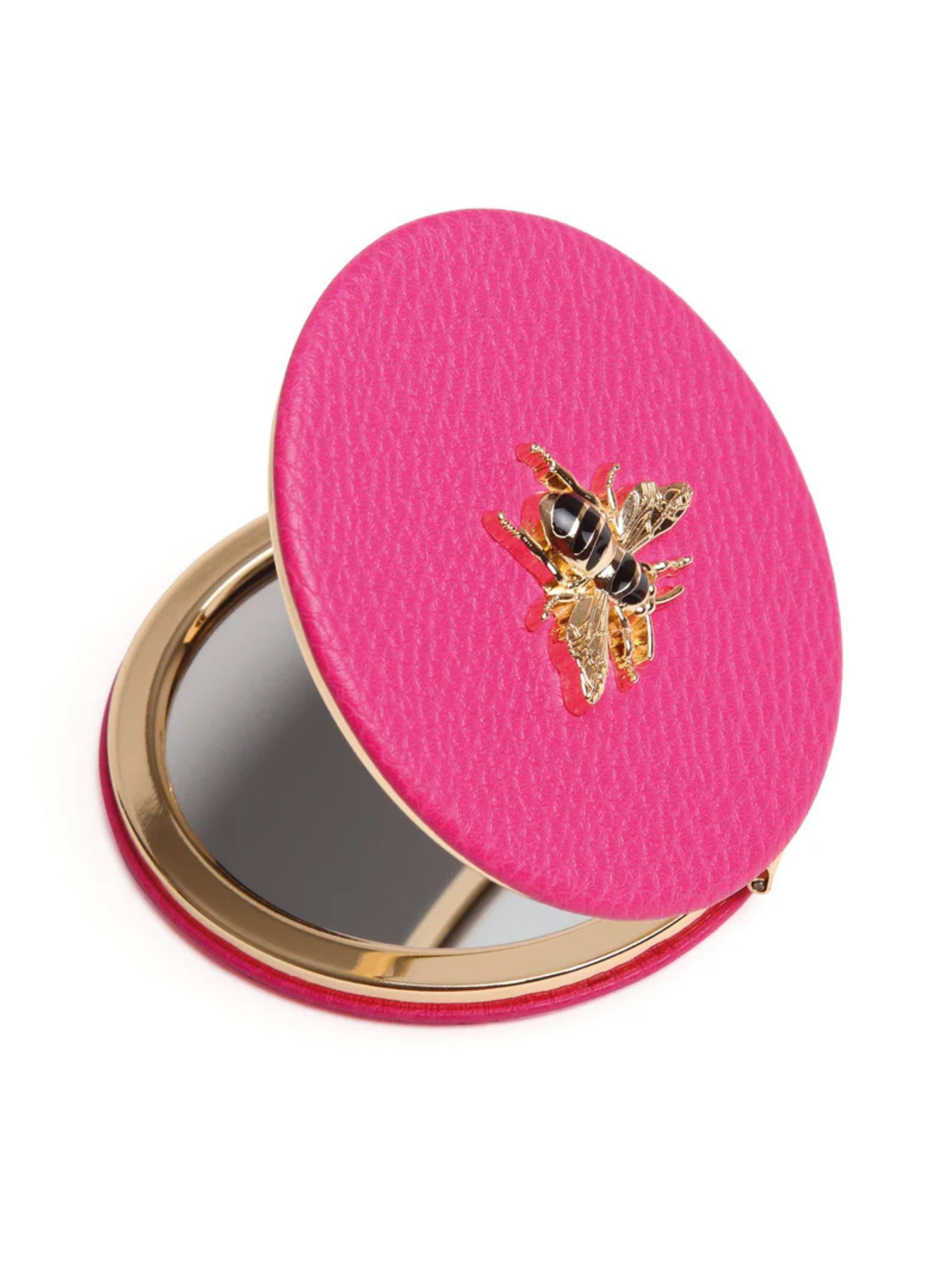 ALICE WHEELER AW6056 hot pink round compact mirror with vegan leather cover, honey bee emblem, dual magnification, 7cm purse size.