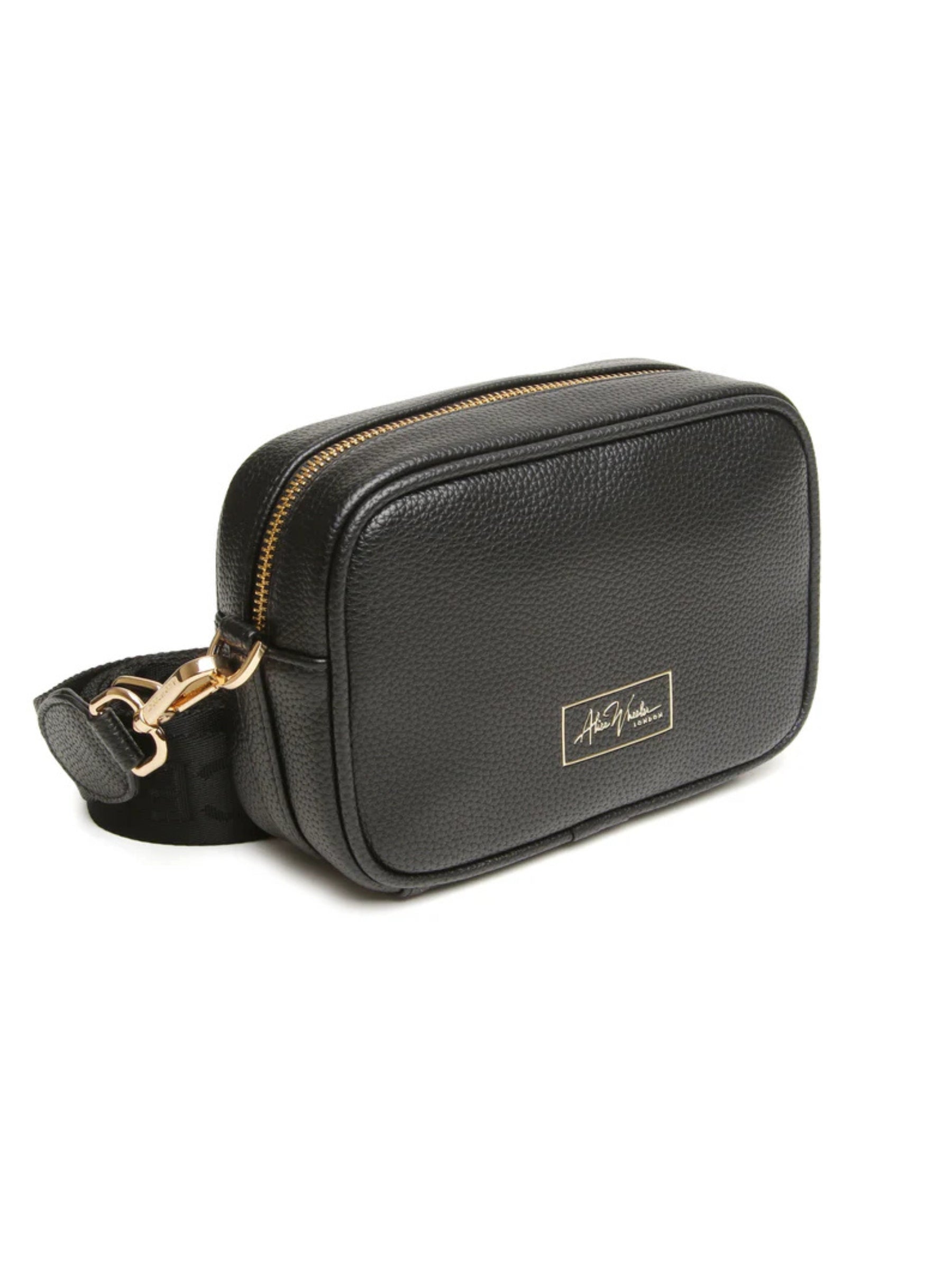 Alice Wheeler AW6157 Black Mini Soho Cross Body Bag with branded strap, gold bee charm, and compact design – stylish black crossbody handbag for everyday use.