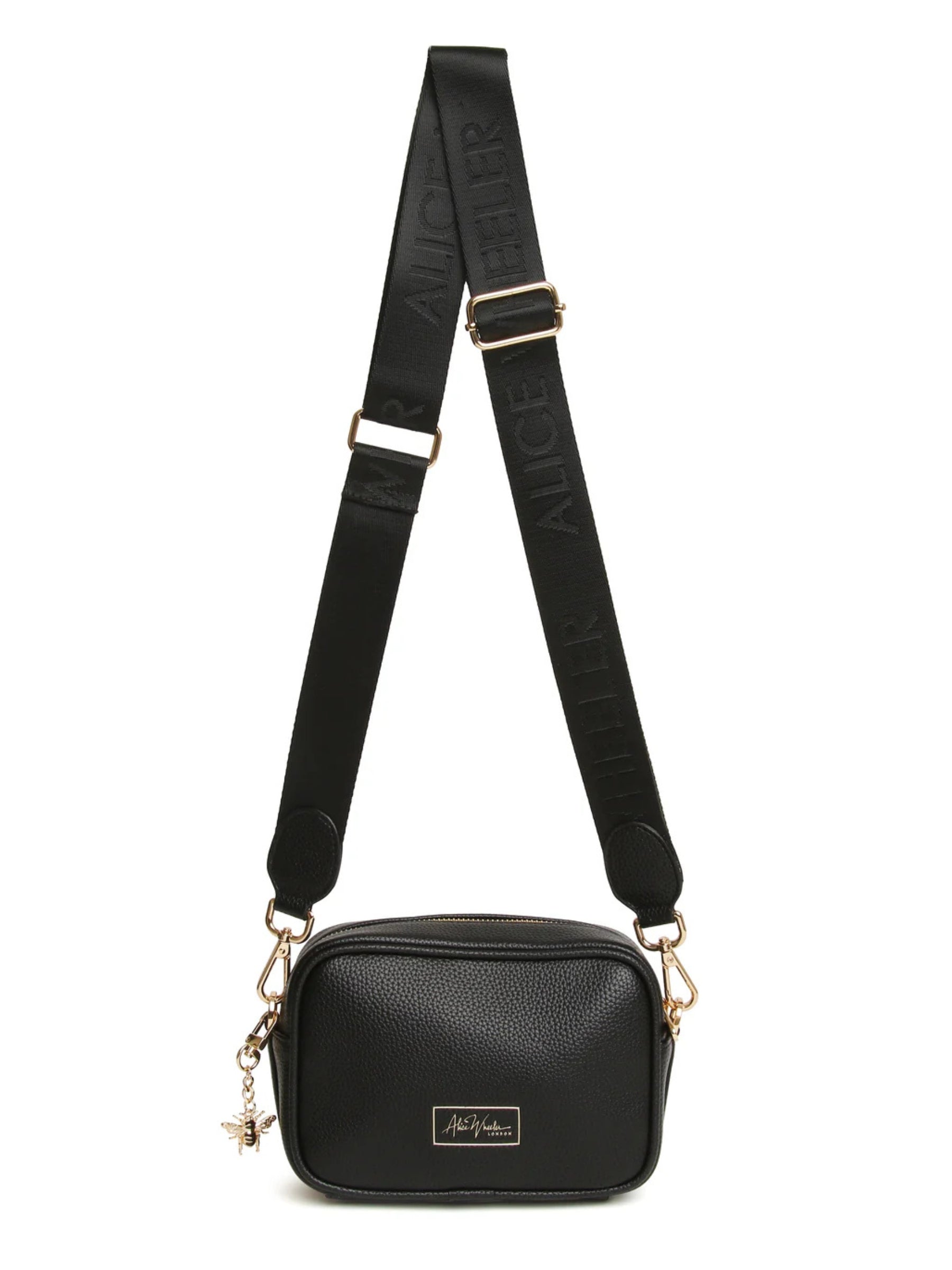 Alice Wheeler AW6157 Black Mini Soho Cross Body Bag with branded strap, gold bee charm, and compact design – stylish black crossbody handbag for everyday use.