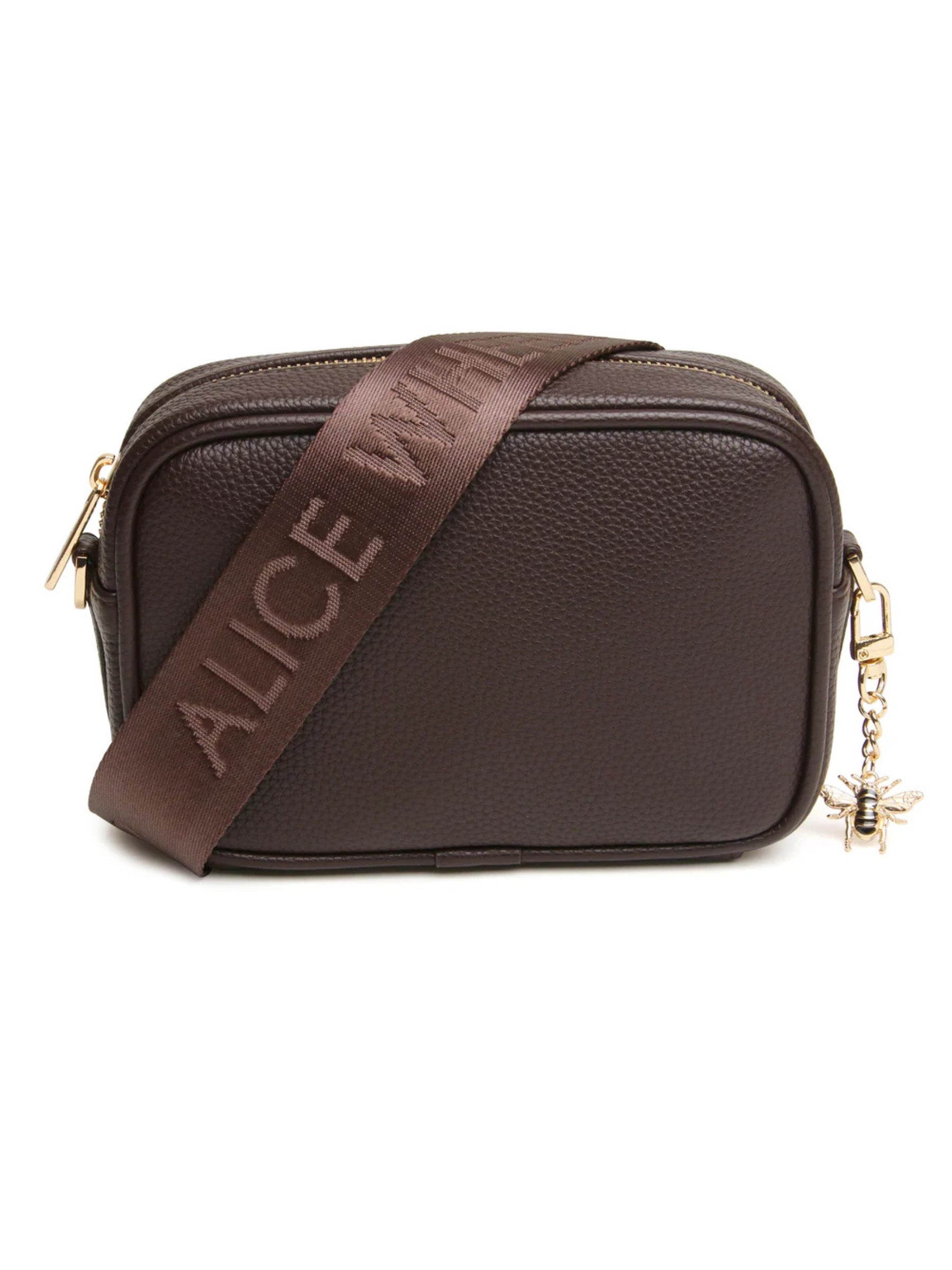 Alice Wheeler AW6158 Chocolate Mini Soho Cross Body Bag with branded strap, gold bee charm and compact design – elegant brown crossbody handbag for everyday use.